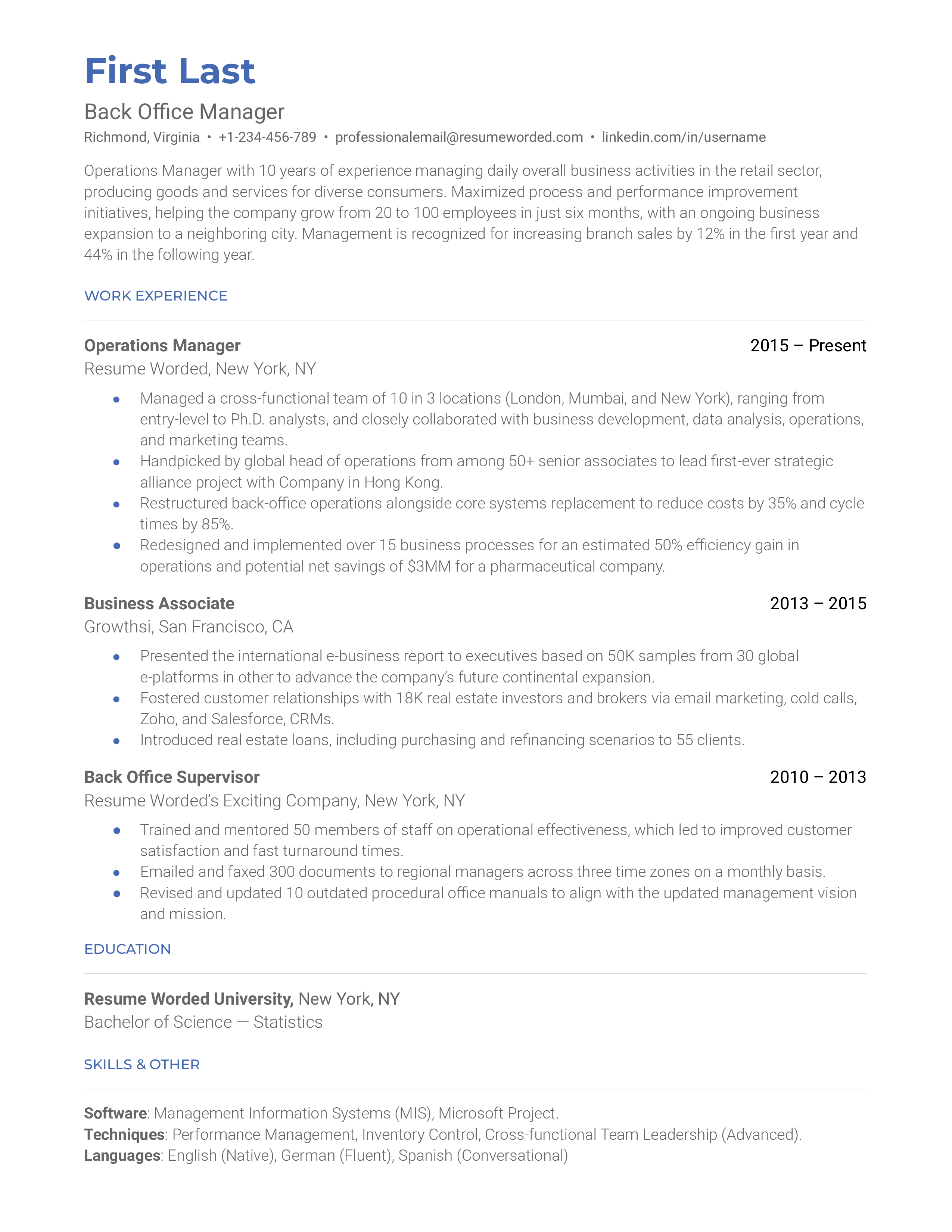 Back Office Manager Resume Sample