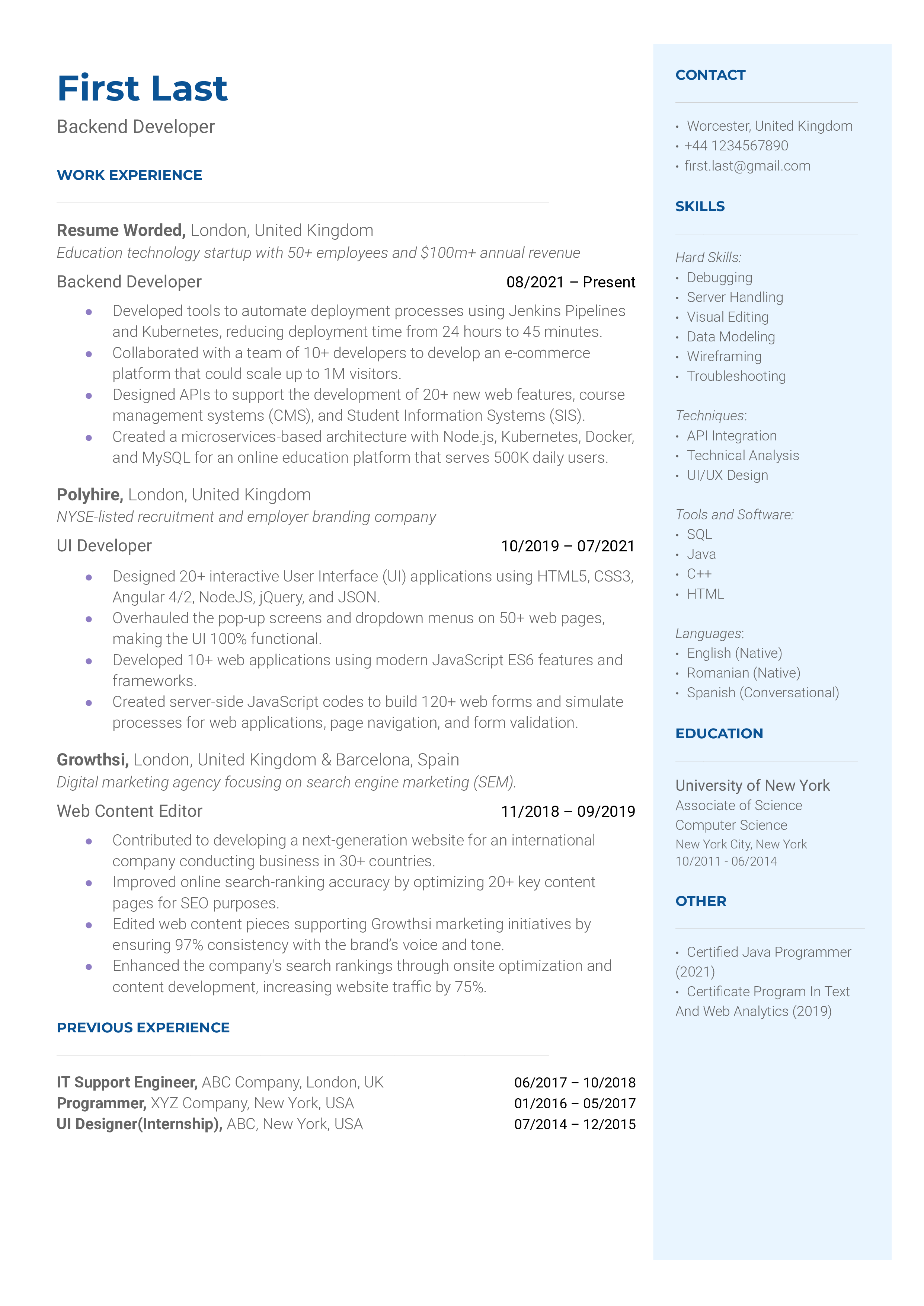 resume sample backend developer