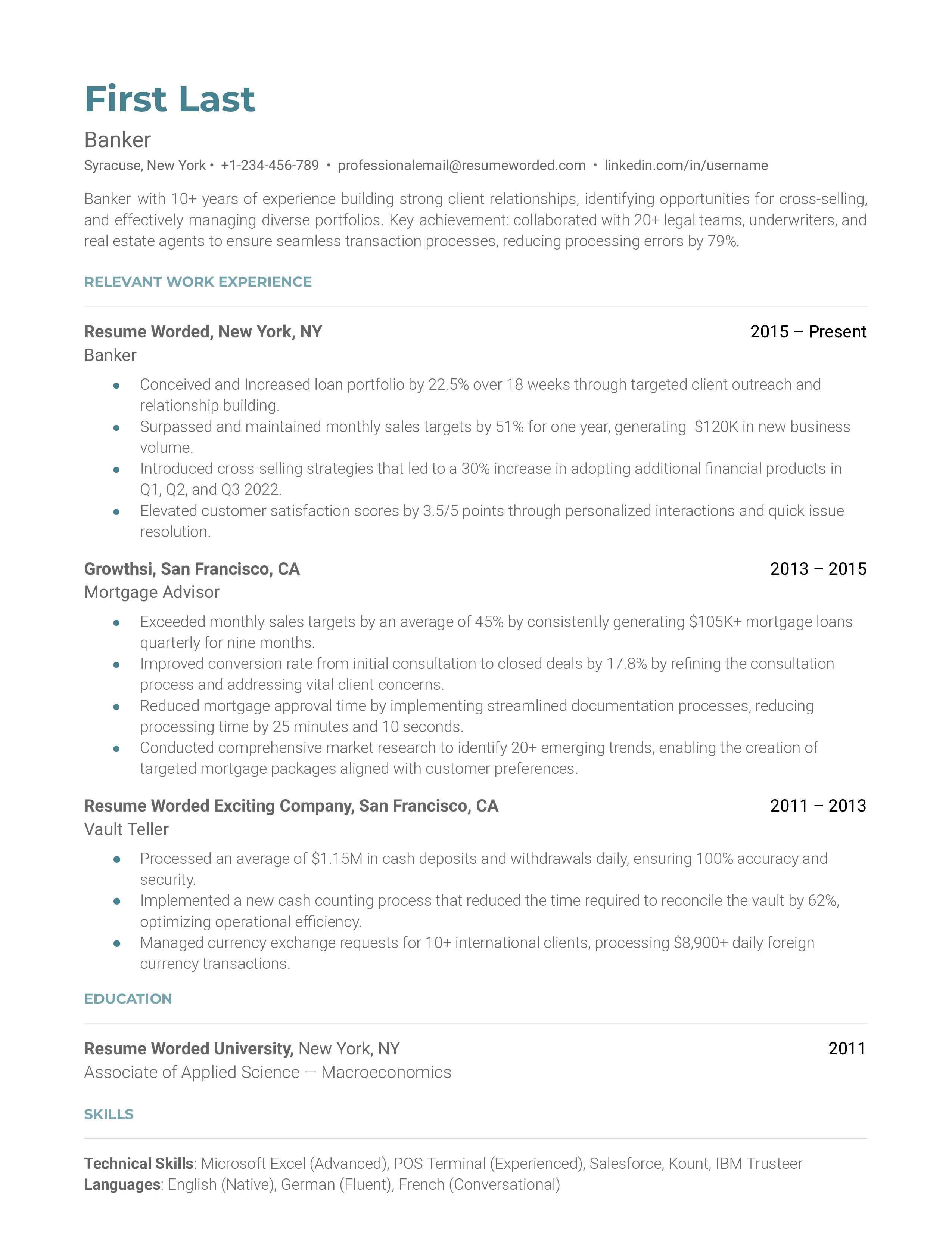 A neat, concise resume showcasing banking skills, digital proficiency, and understanding of ethical banking practices.