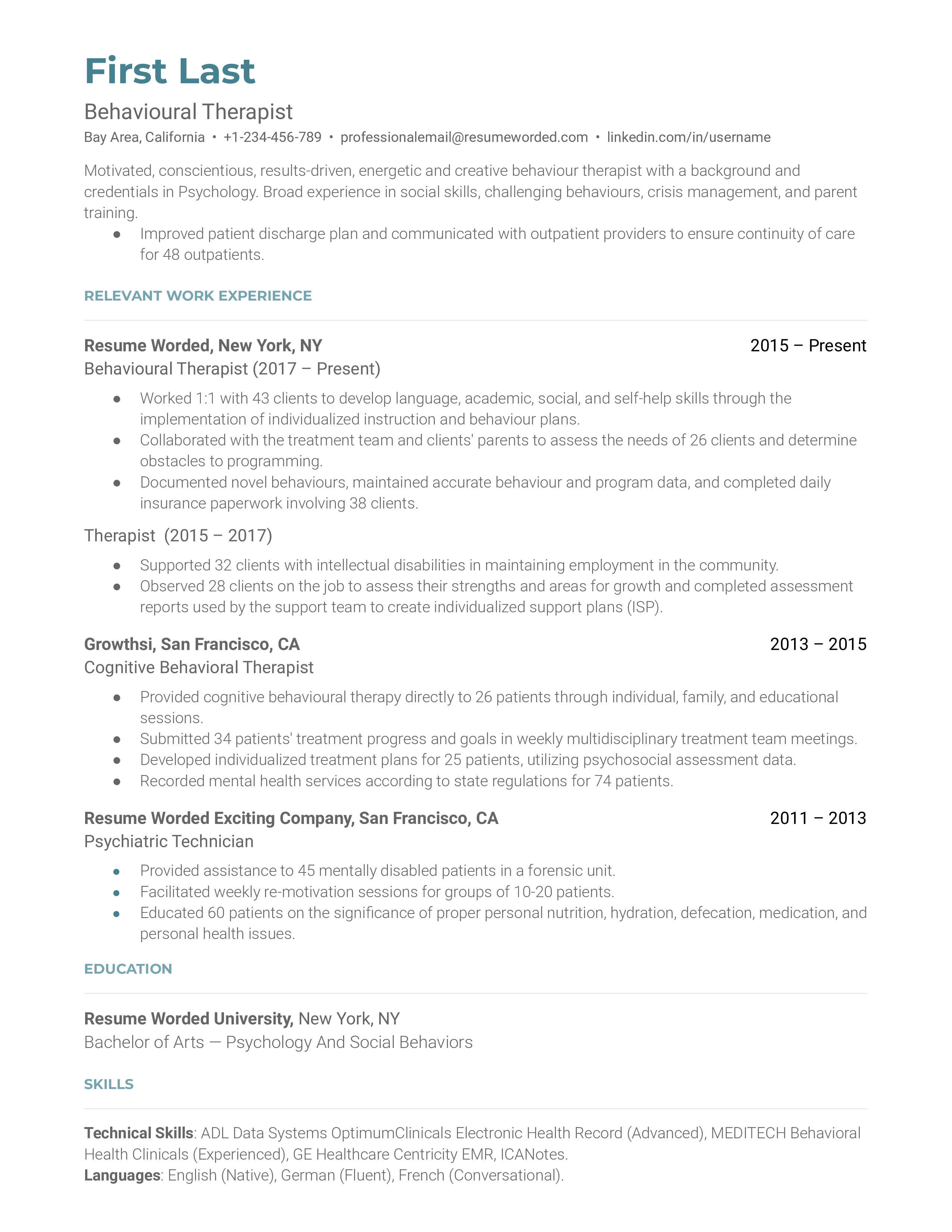 Behavioral Therapist Resume Sample