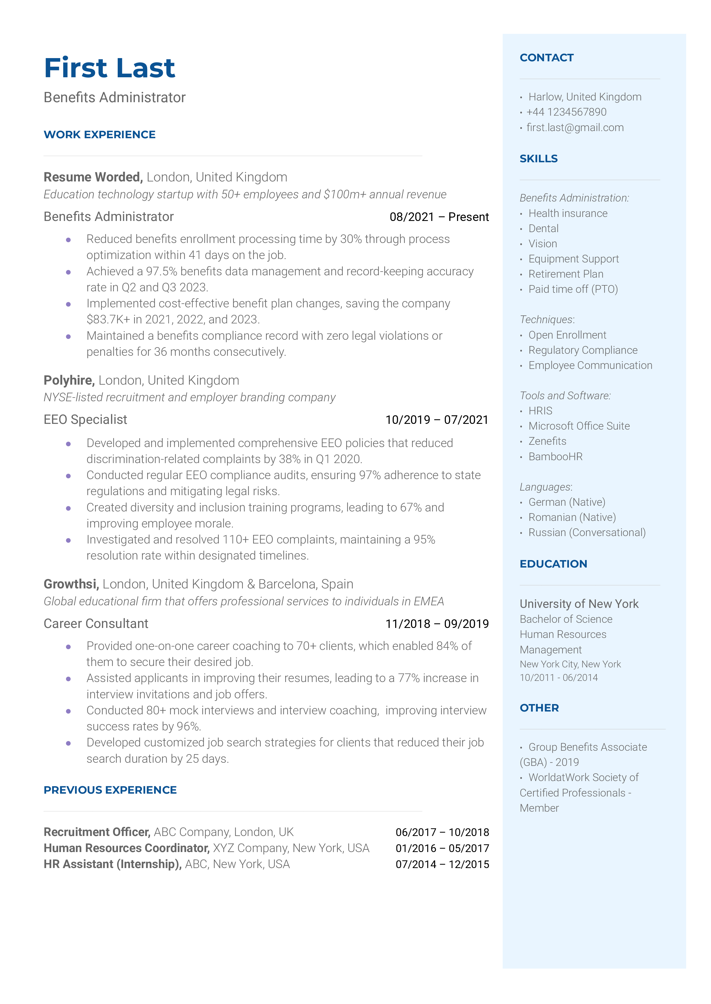 A sample resume for a Benefits Administrator role.