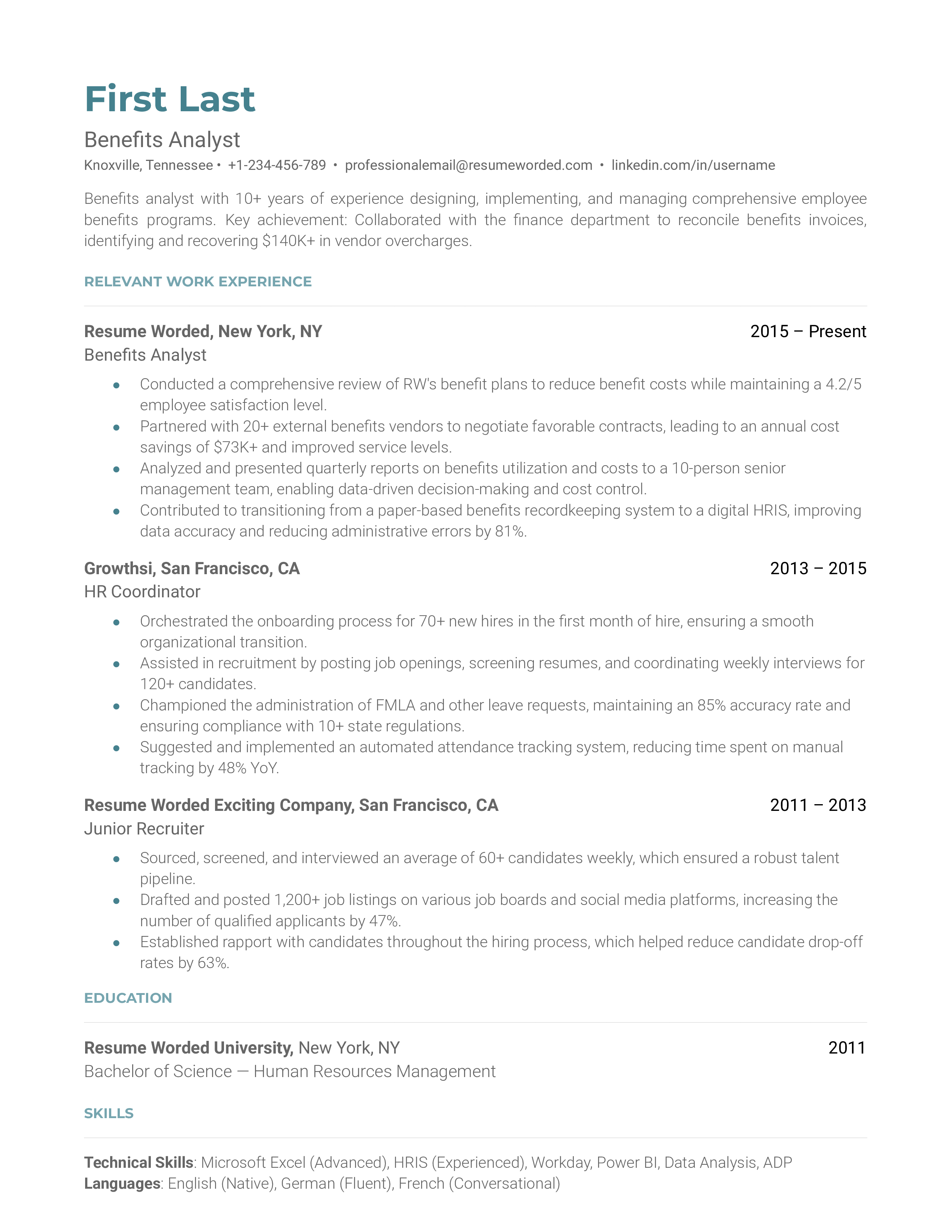 A resume screenshot showcasing relevant experience and skills for a Benefits Analyst role.