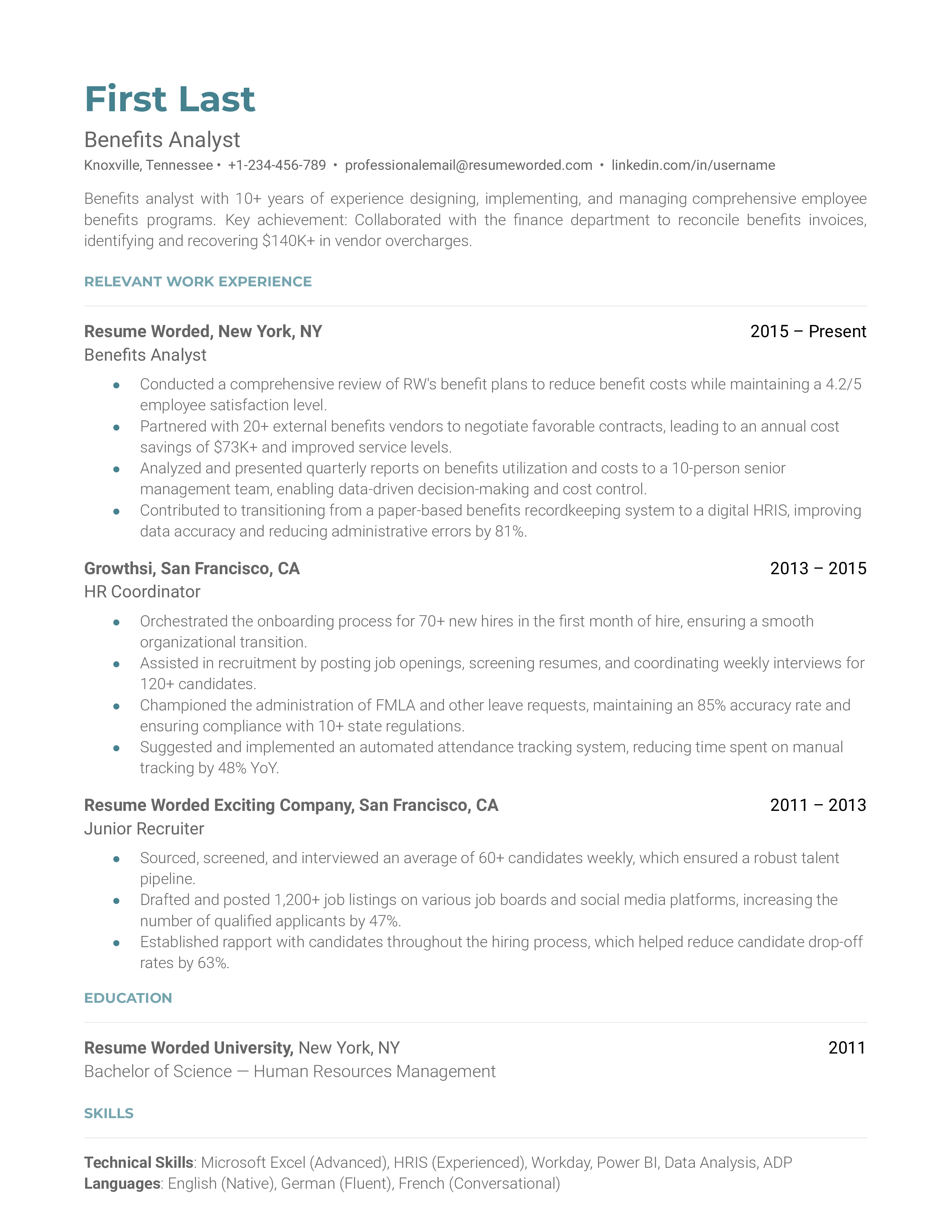 Benefits Analyst Resume Examples for 2024 Resume Worded