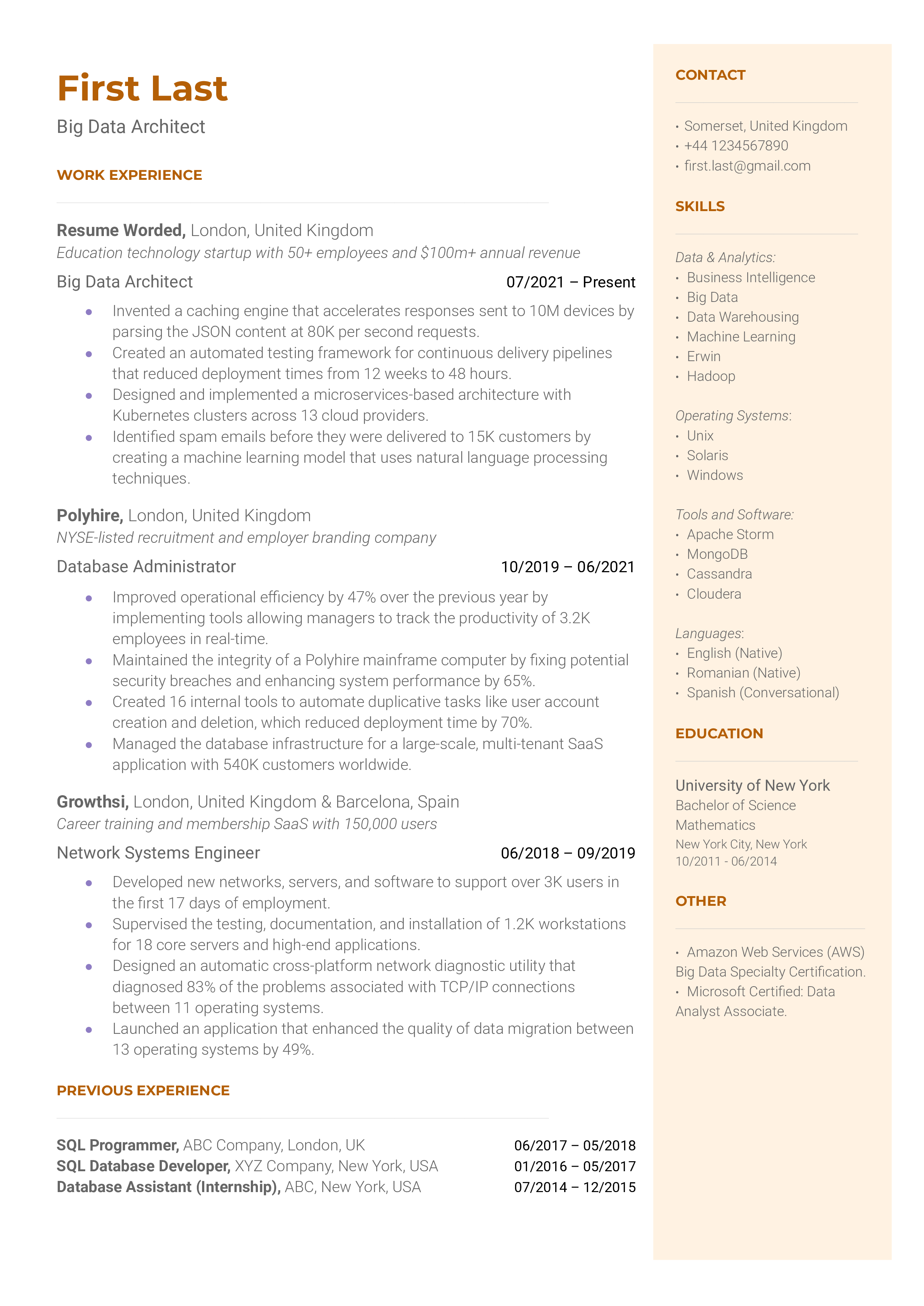 A big data architect resume example that implements strong action verbs
