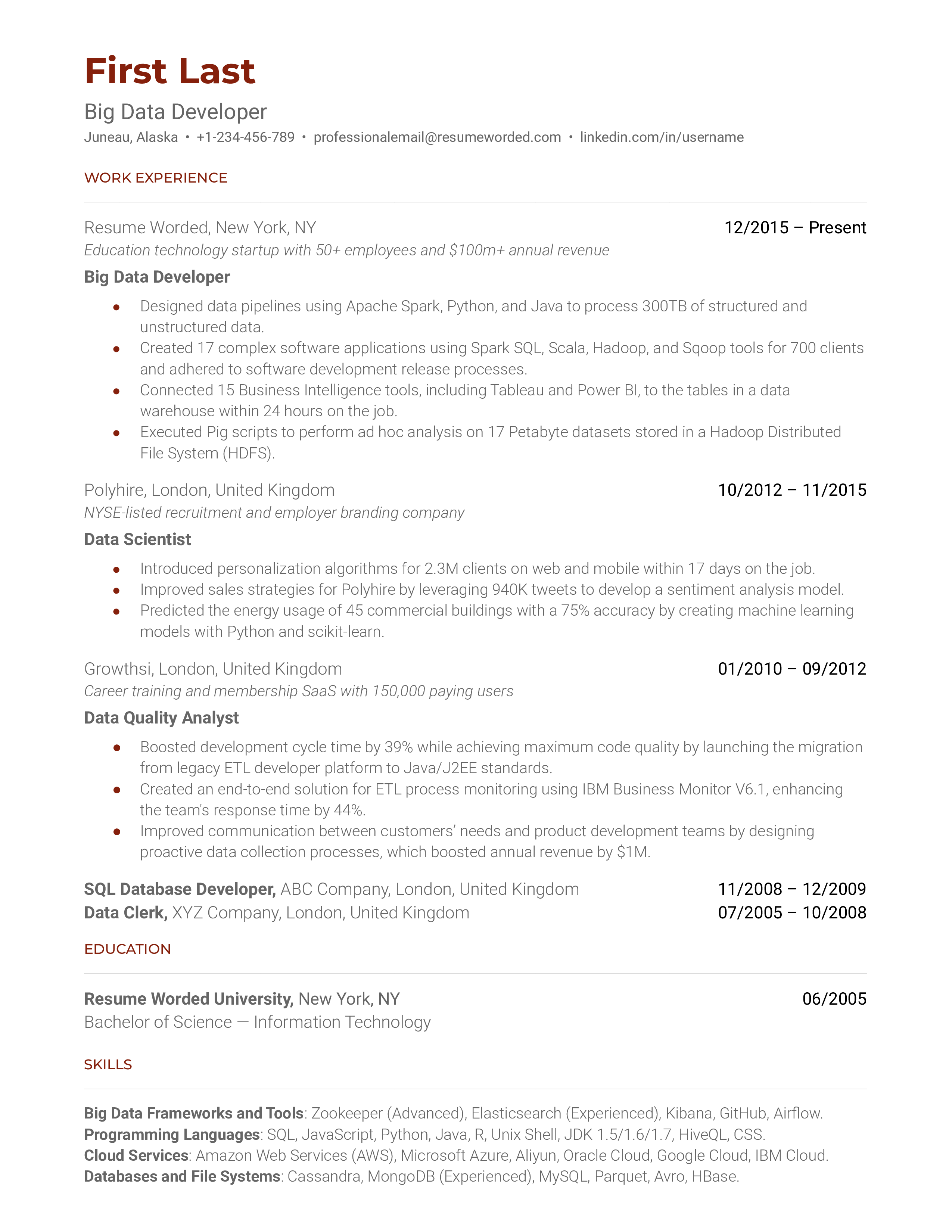 A big data developer resume template that highlights professional experience