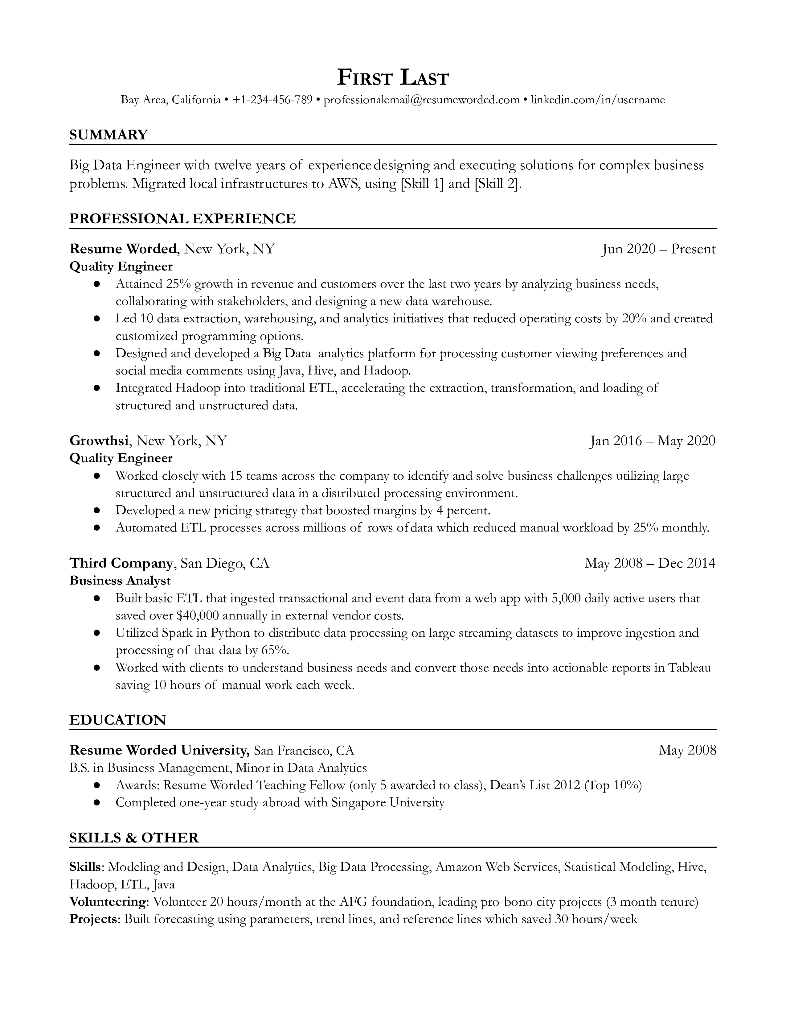 Big data engineer resume sample that shows familiarity with key big data skills like Hadoop and Hive.