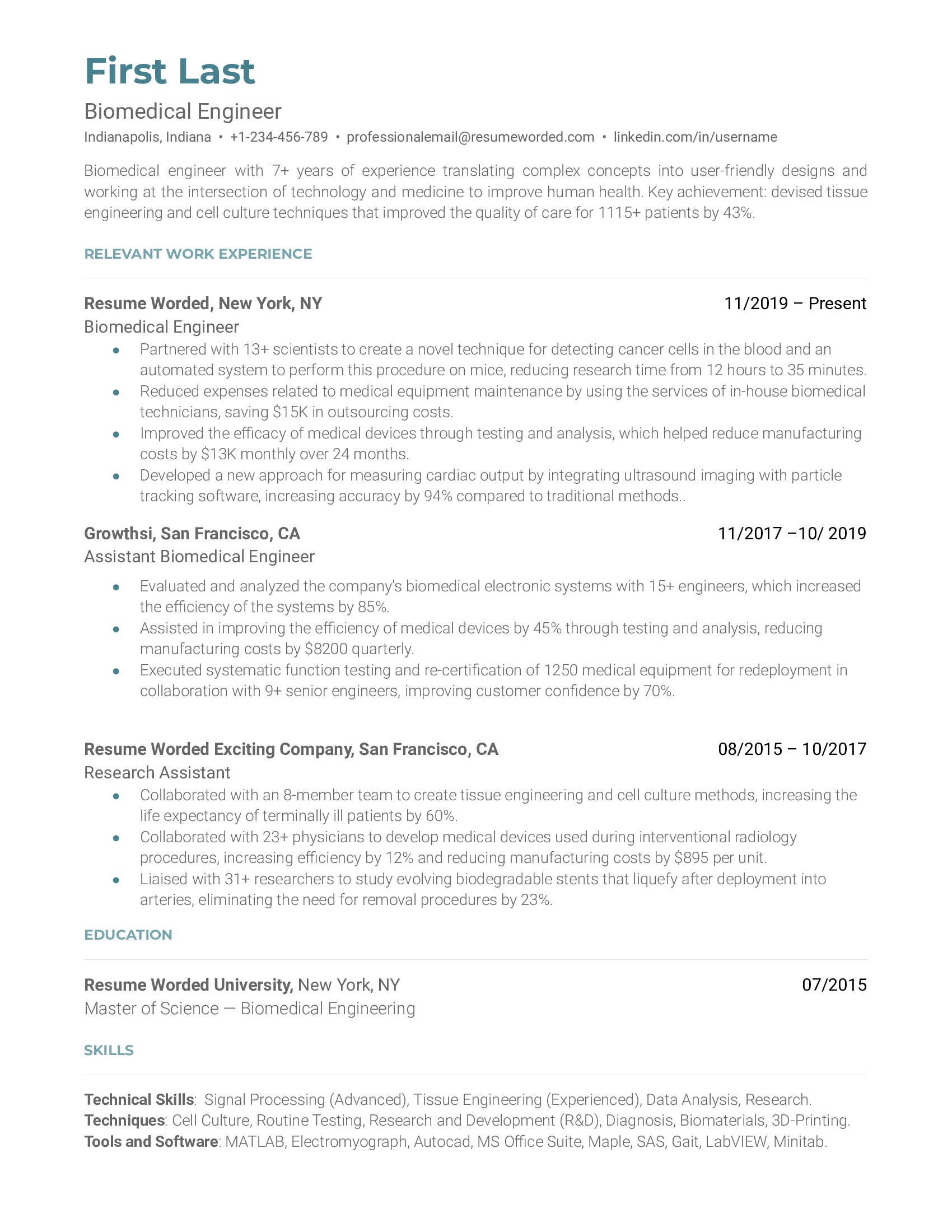 A biomedical engineer resume template that prioritizes relevant work experience