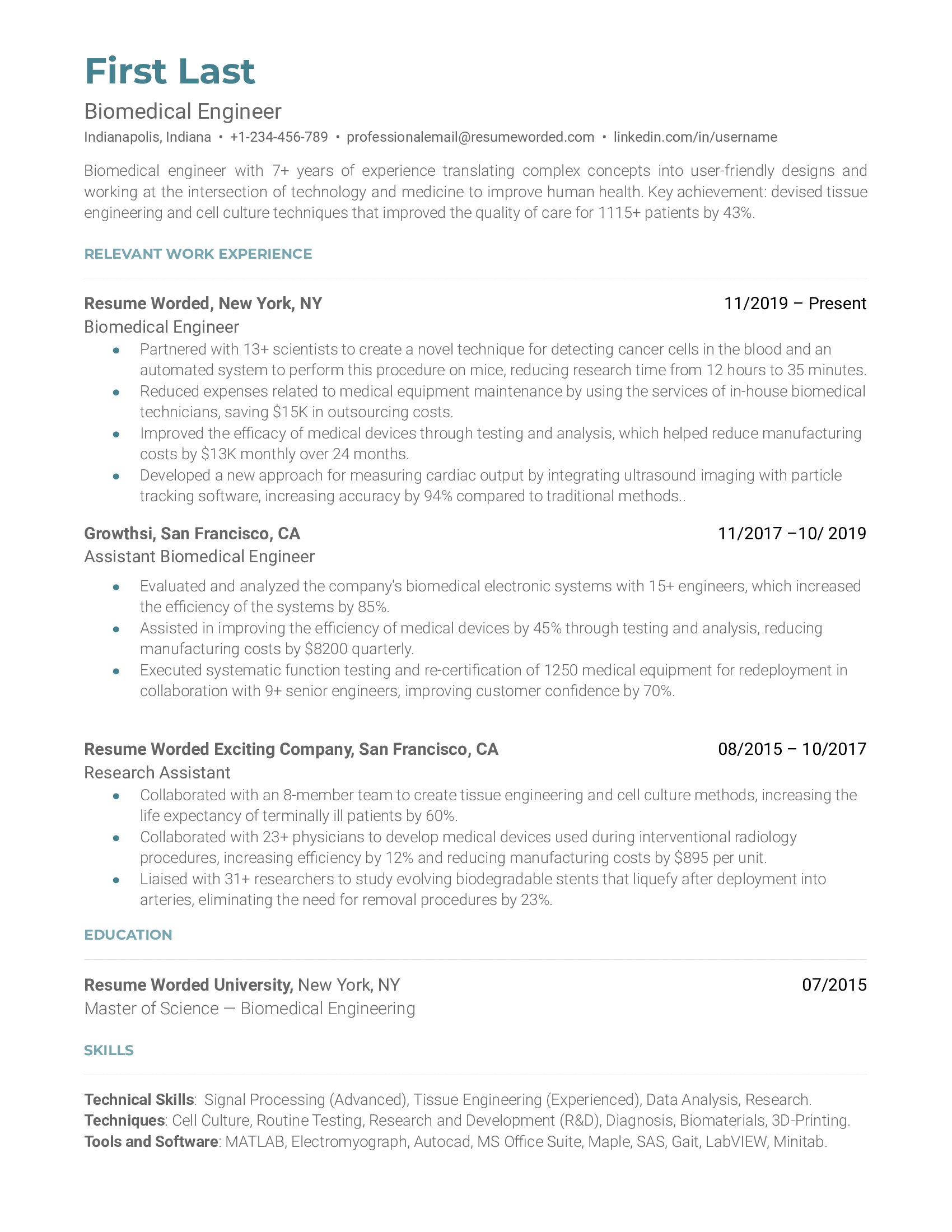 2 Biomedical Engineer Resume Examples for 2023 Resume Worded