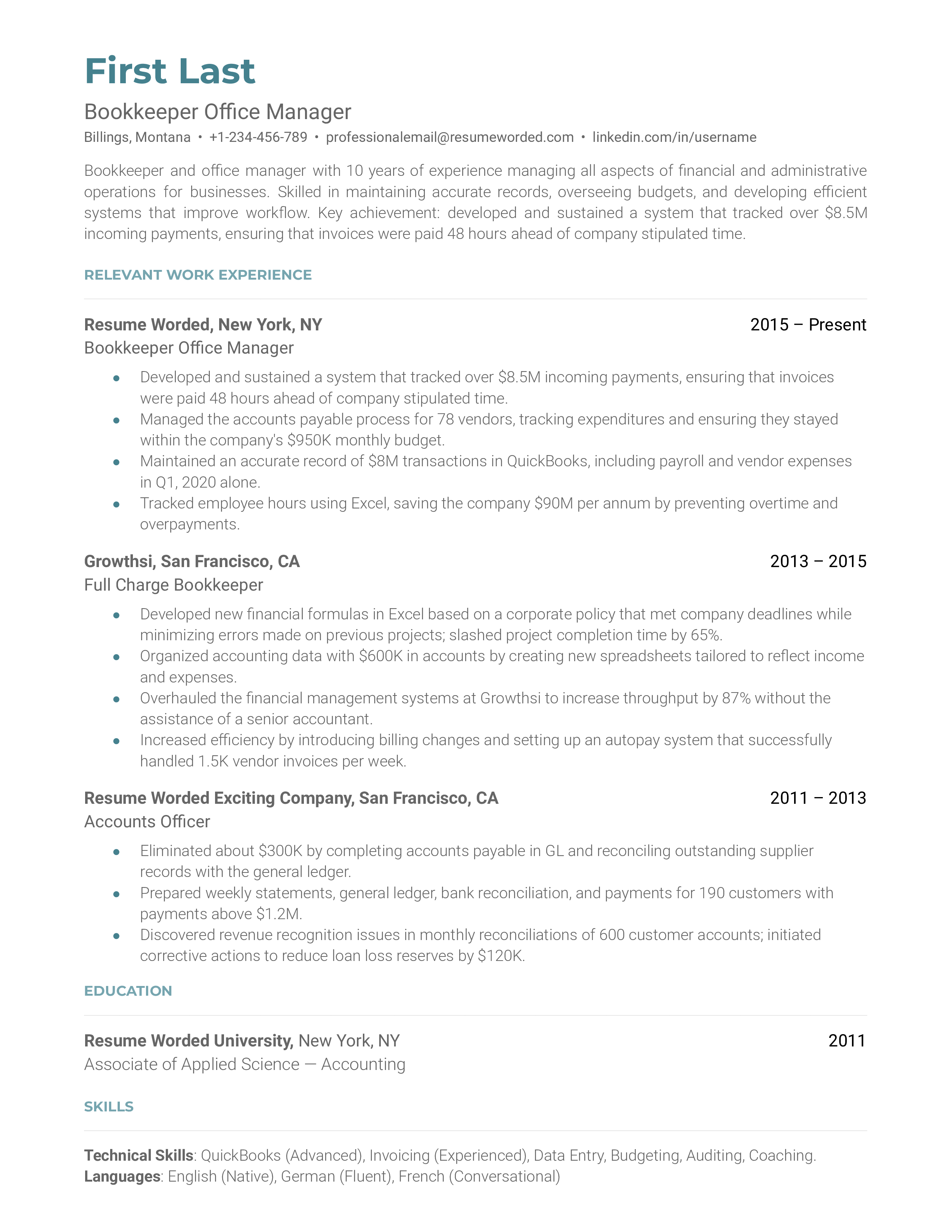 An organized CV for a Bookkeeper Office Manager showcasing their bookkeeping and office management skills.