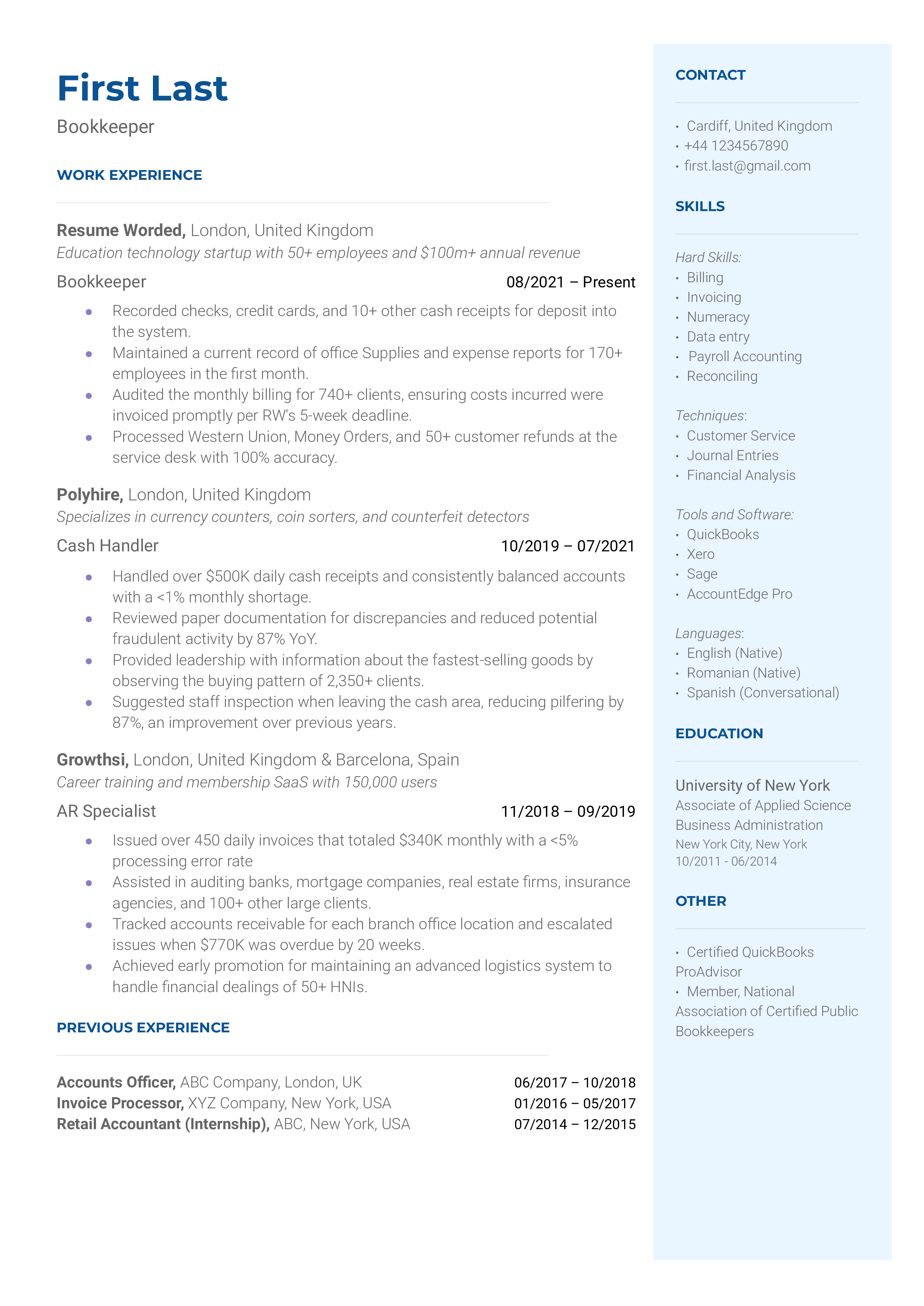 A well-structured CV for a Bookkeeper, featuring specific software knowledge and automation experience.