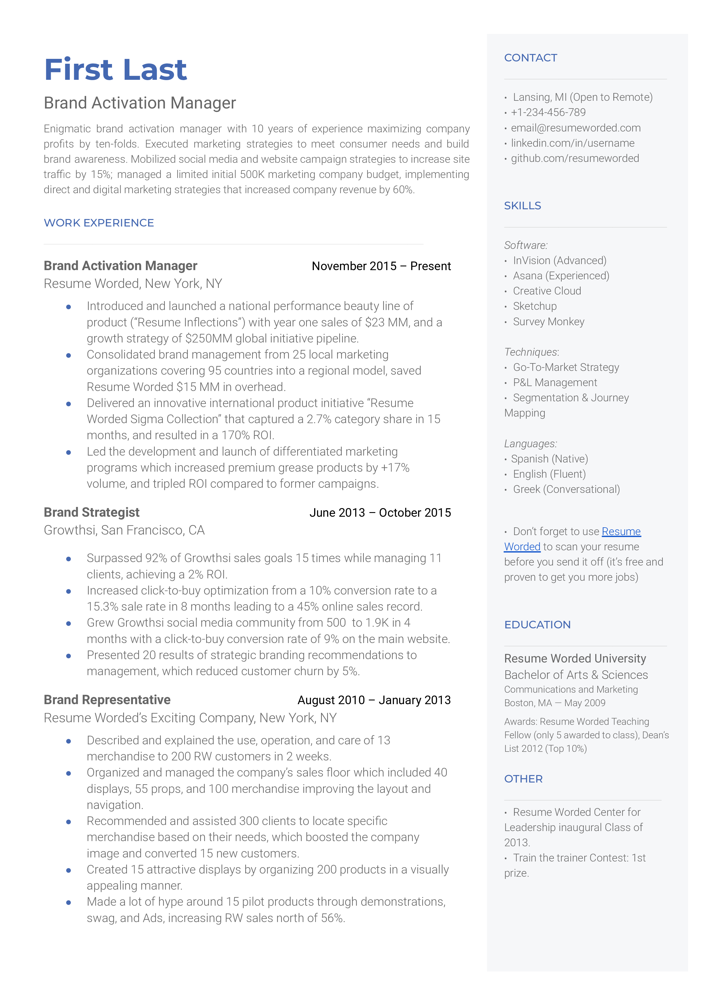 Brand Activation Manager Resume Template + Example