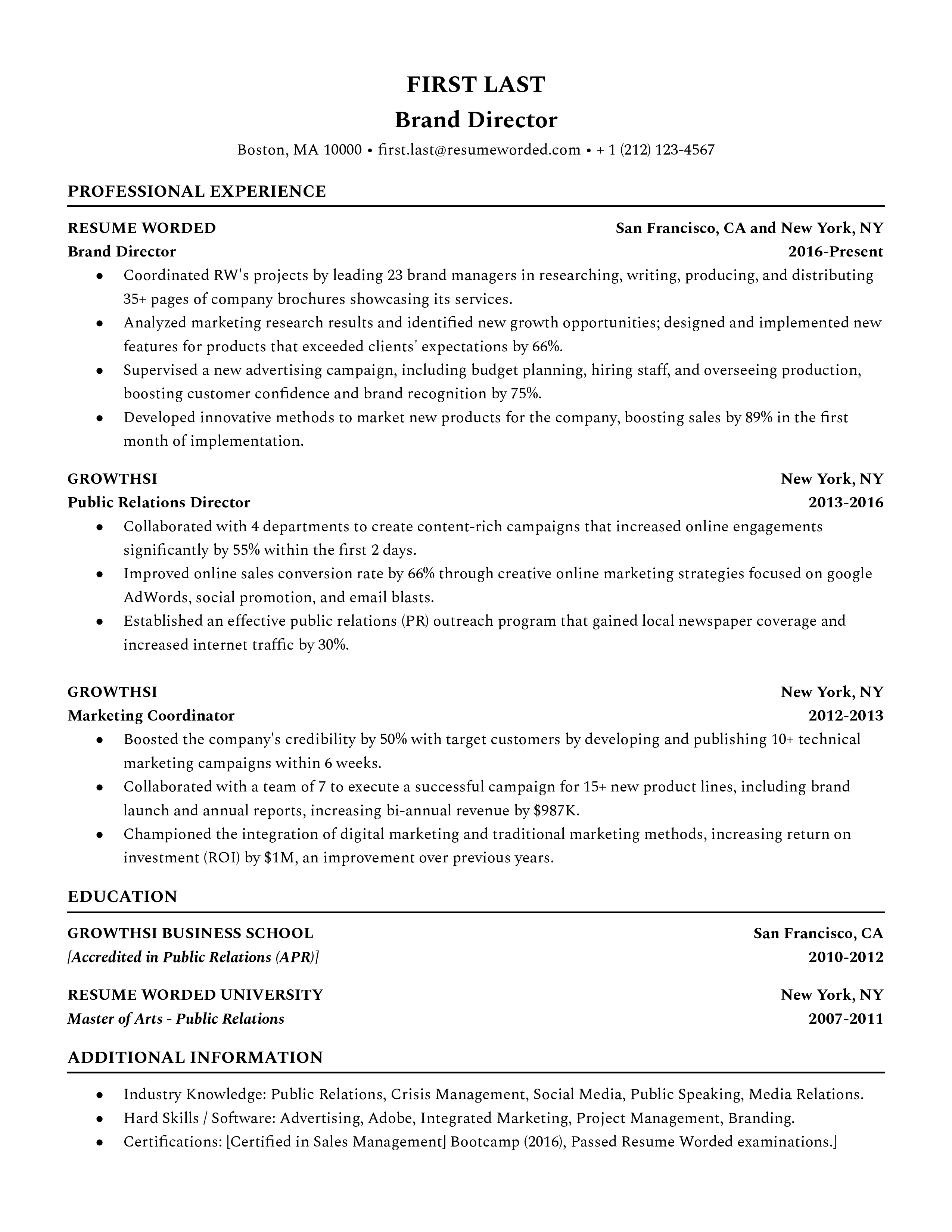 Resume emphasizing experience as a brand director, including responsibility for overseeing brand strategy, managing a team of specialists, and ensuring the delivery of successful brand initiatives