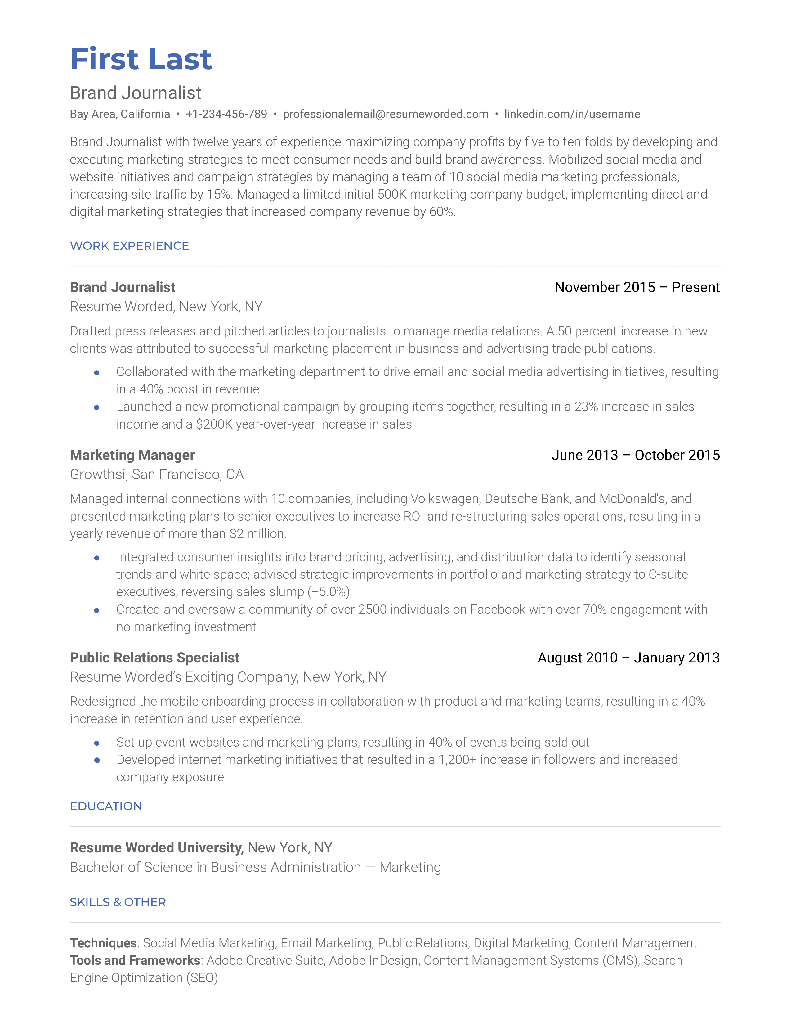A brand journalist resume sample that highlights the applicant’s strong marketing background and impressive experience.
