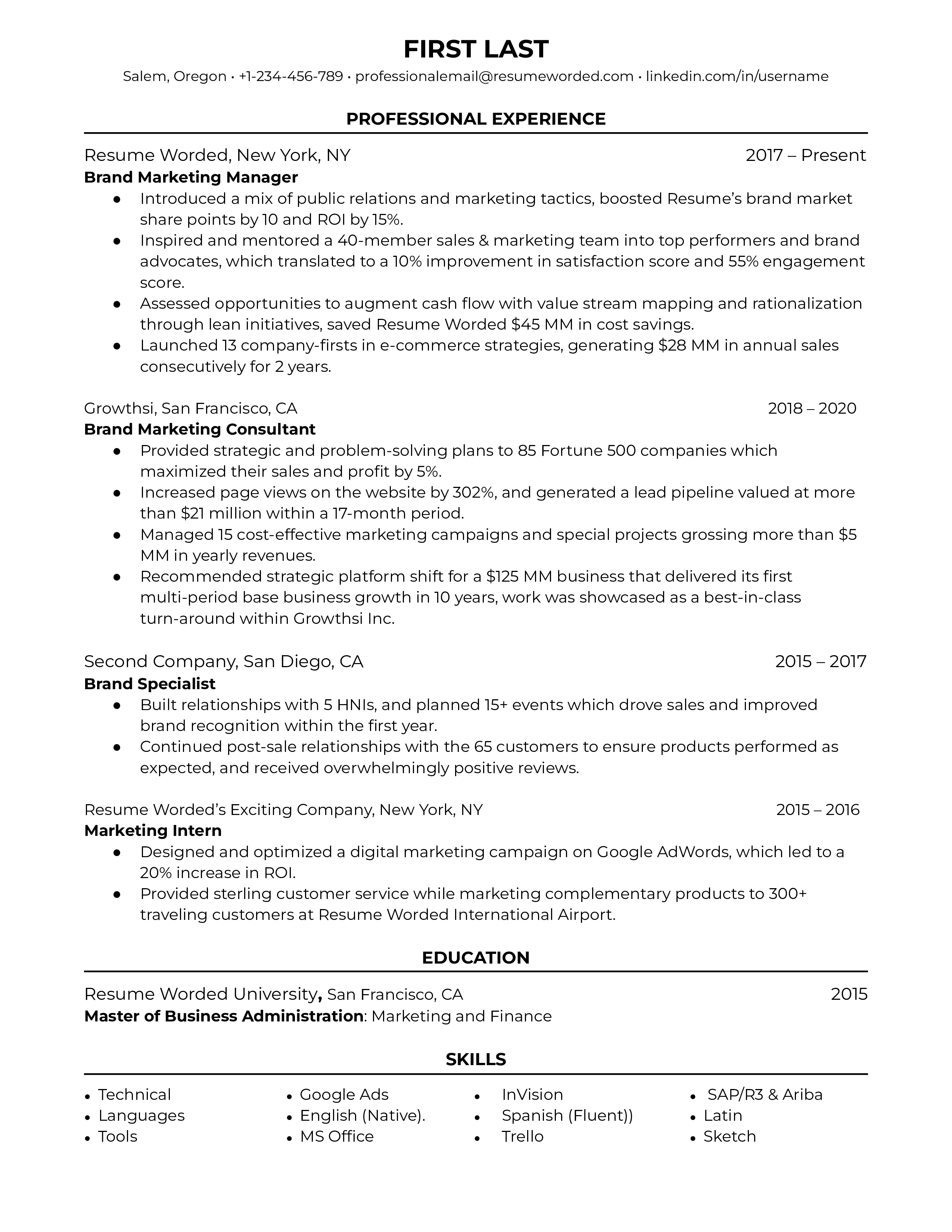 A well-structured CV for a Brand Marketing Manager role showcasing brand strategy skills and data literacy.