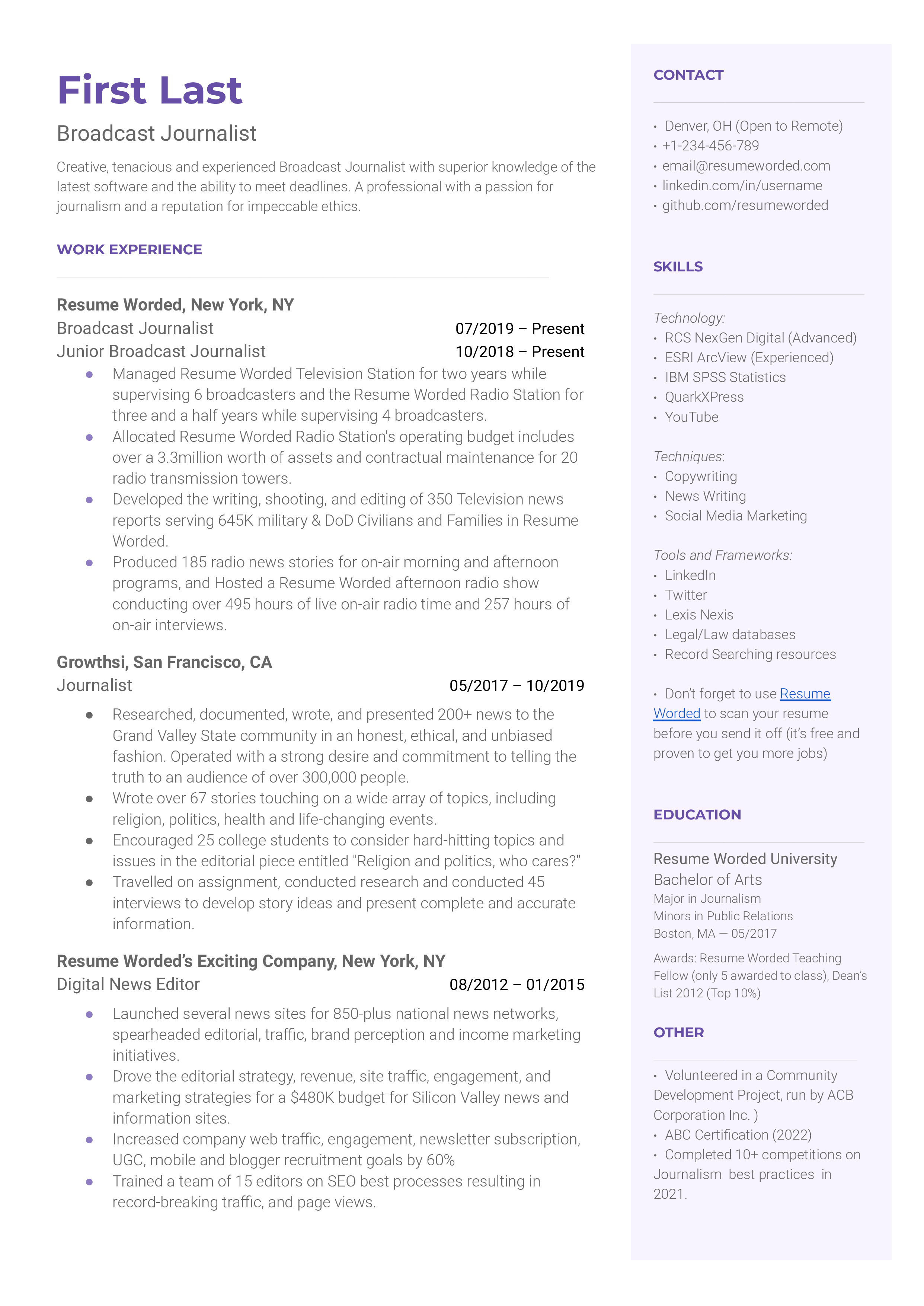 Broadcast journalist resume sample highlighting relevant skills and technology experience