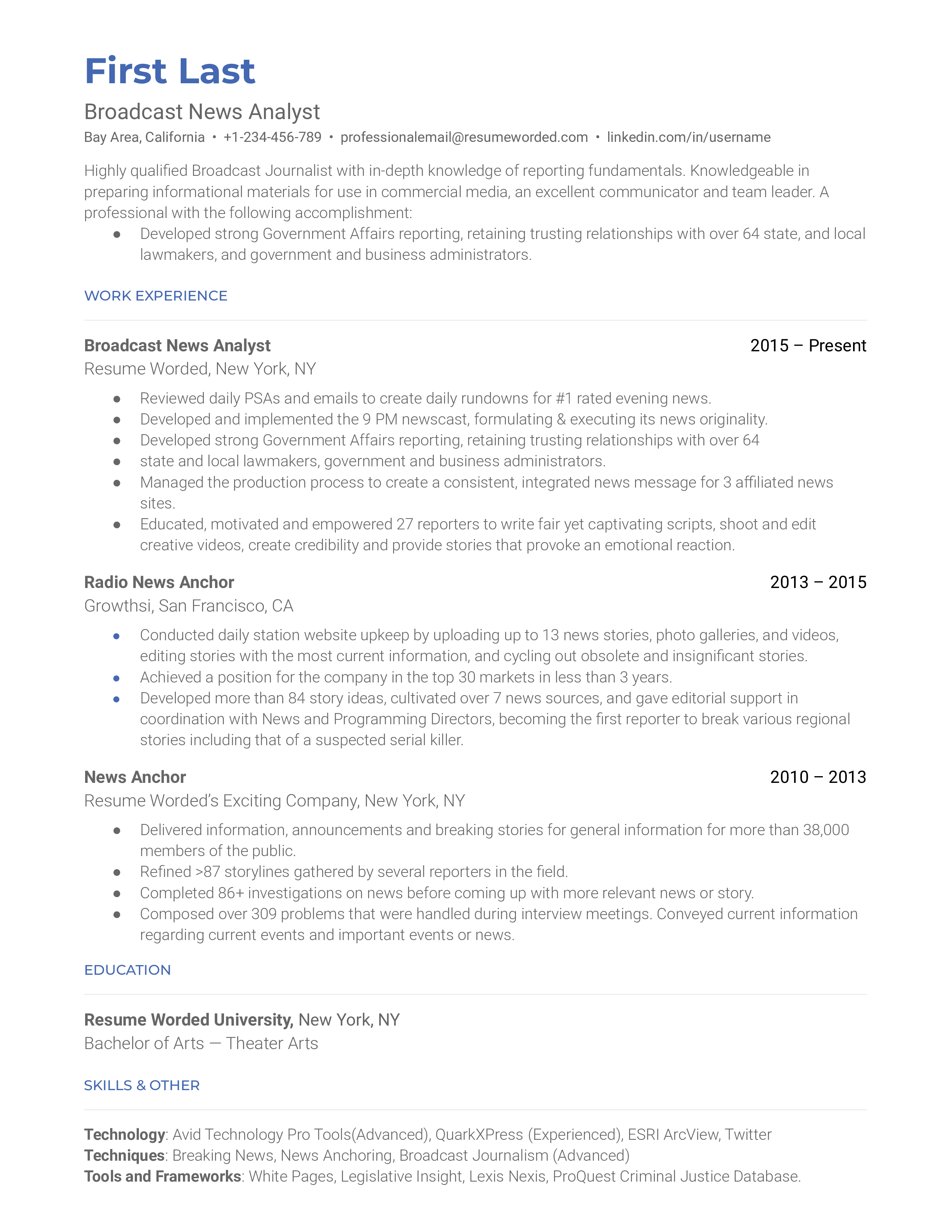Professional CV of a Broadcast News Analyst with emphasis on digital proficiency and communication skills