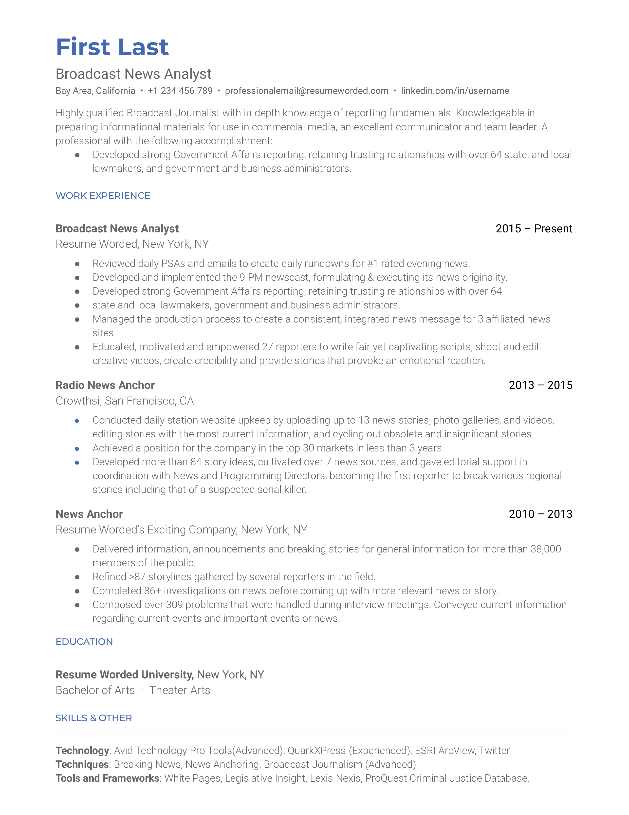 Broadcast News Analyst  Resume Sample