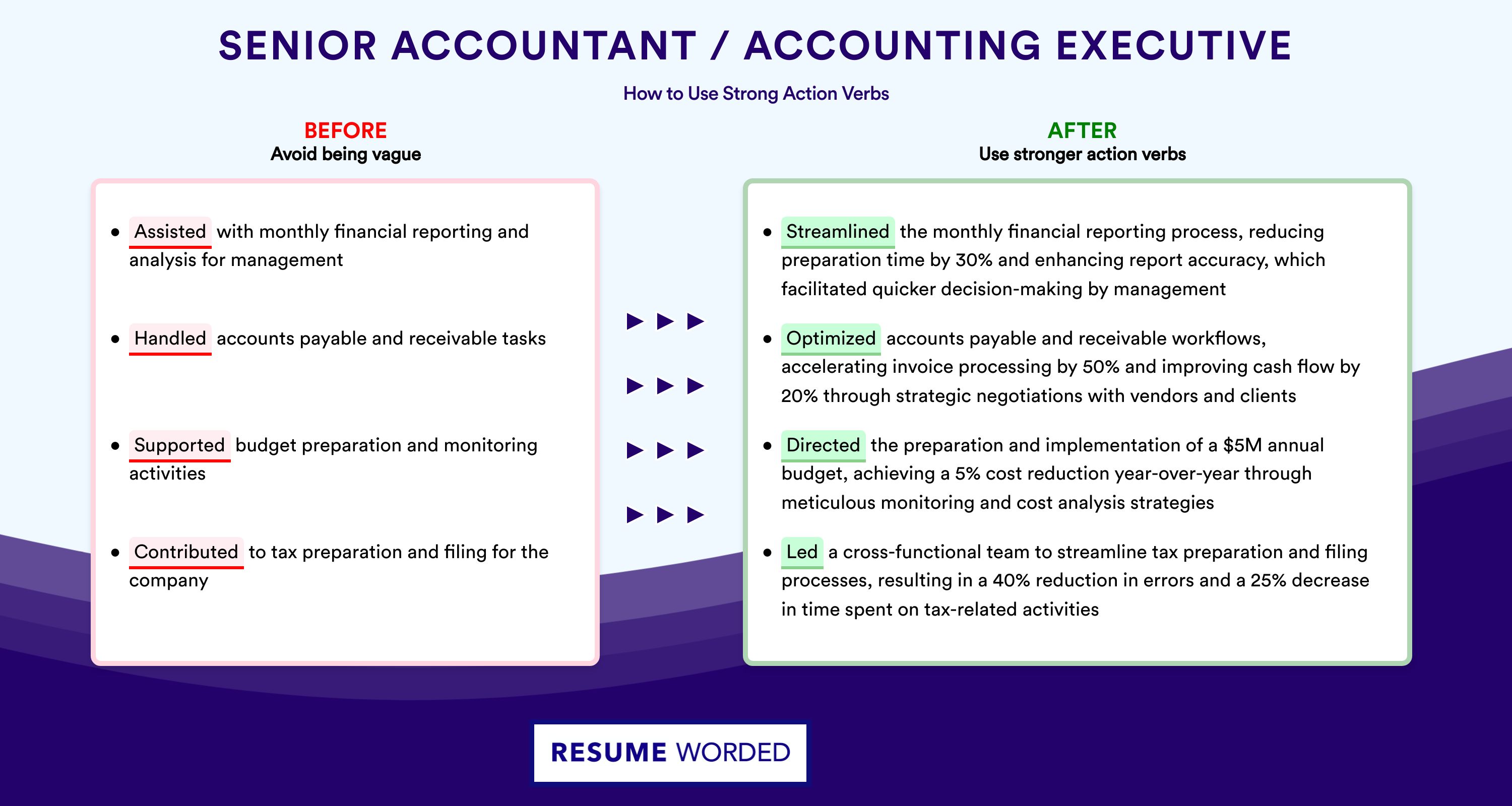 Action Verbs for Senior Accountant / Accounting Executive