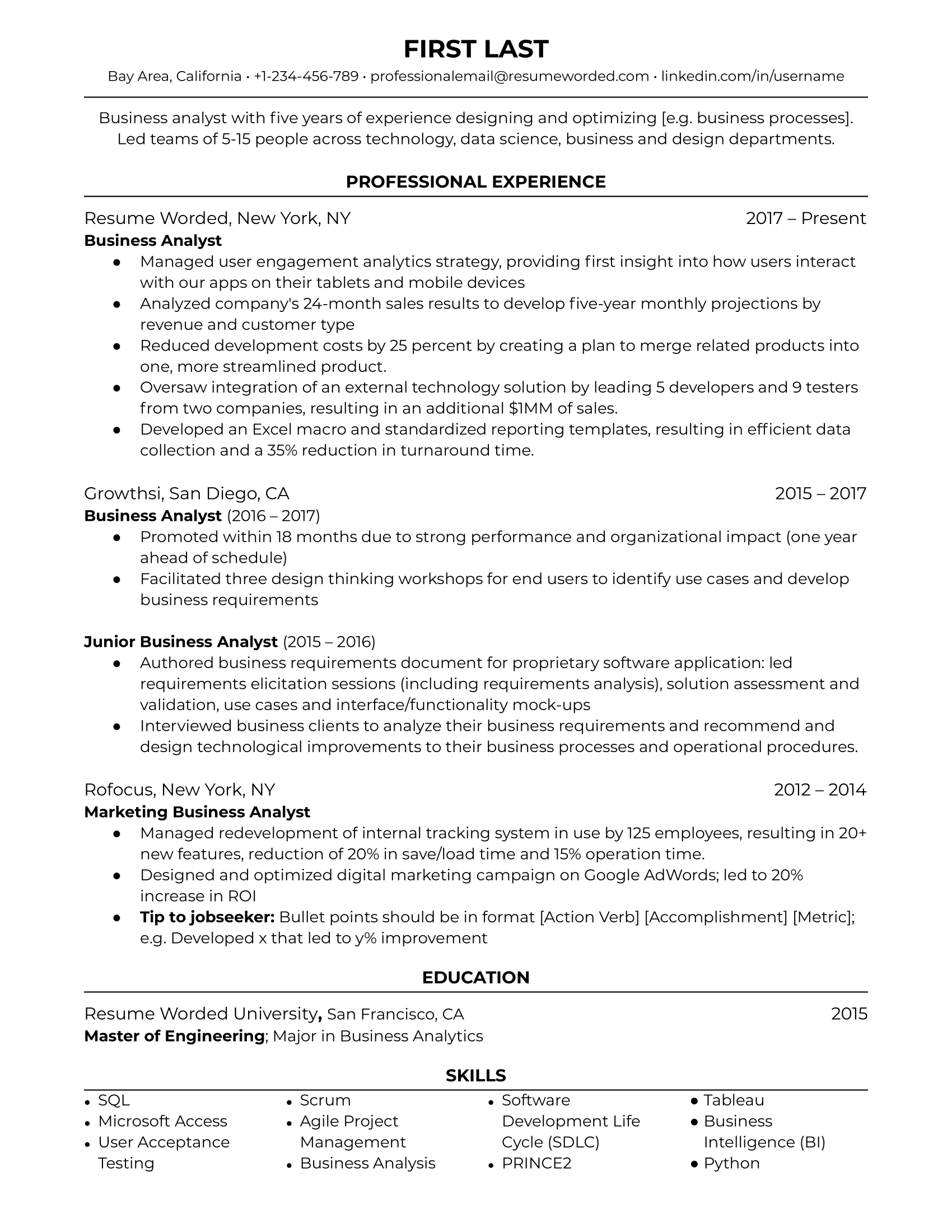 Business analyst resume sample with prominent skills section, action verbs, and work experience bullet points