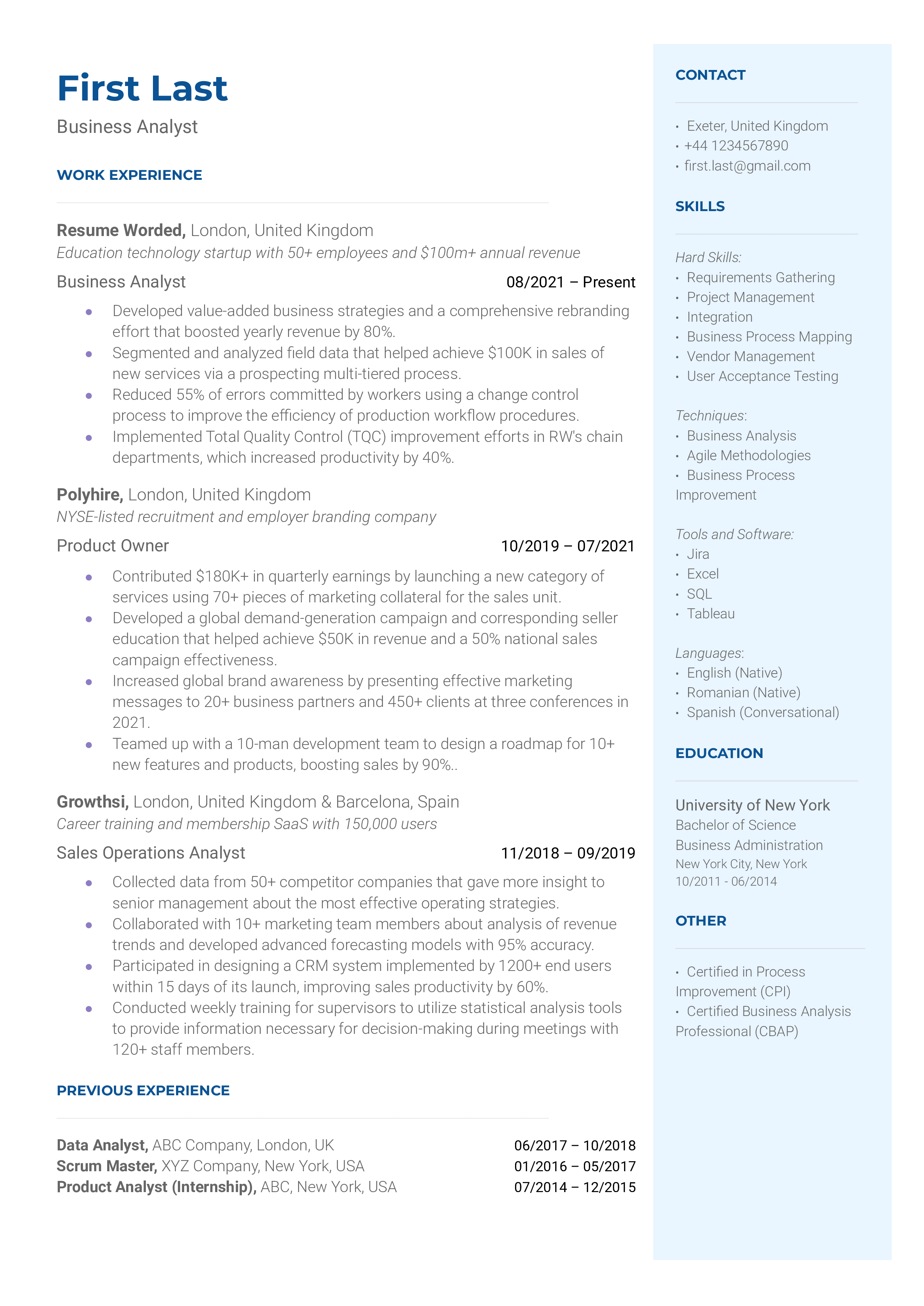 A business analyst resume template incorporating relevant action verbs. 