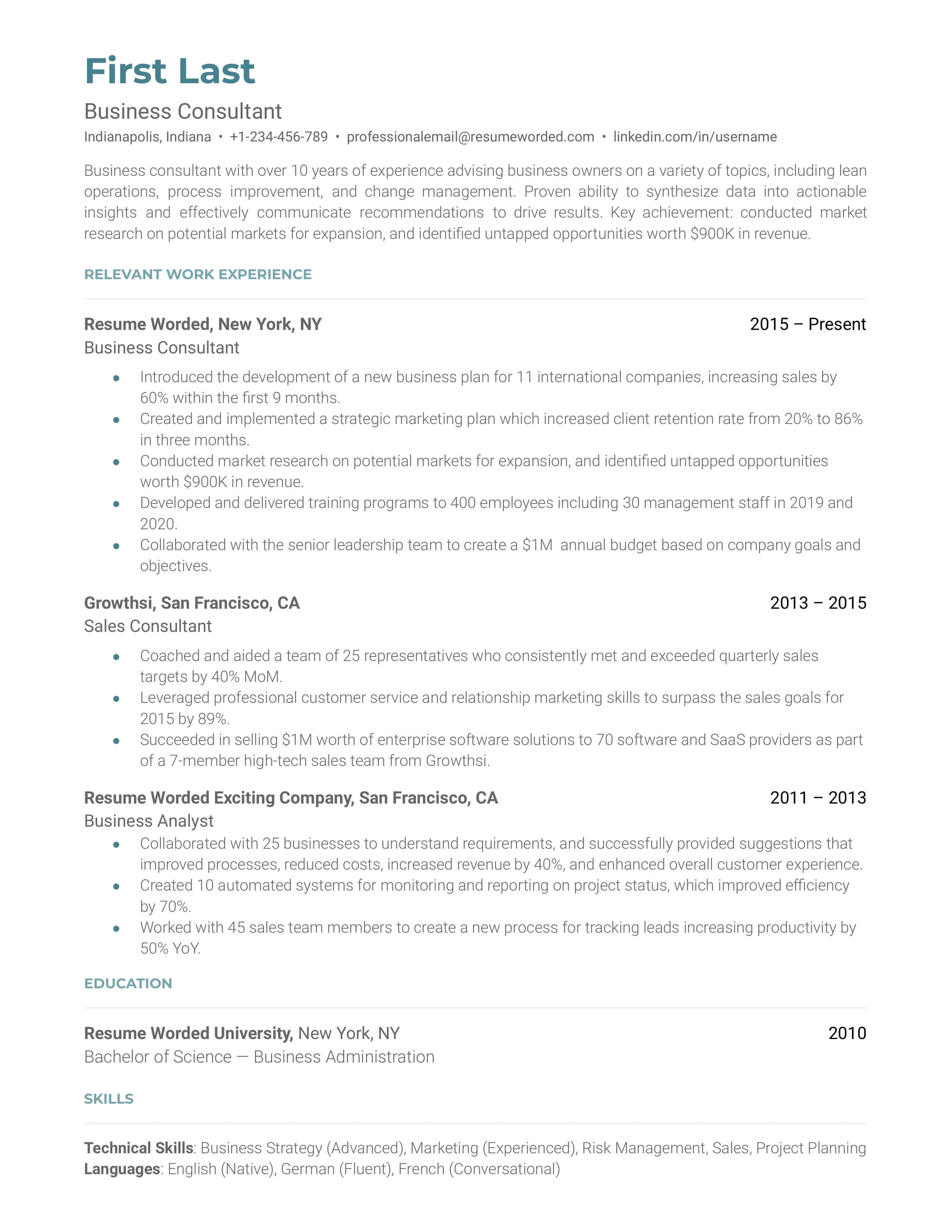 Professional CV of a Business Consultant showcasing their expertise and accomplishments.