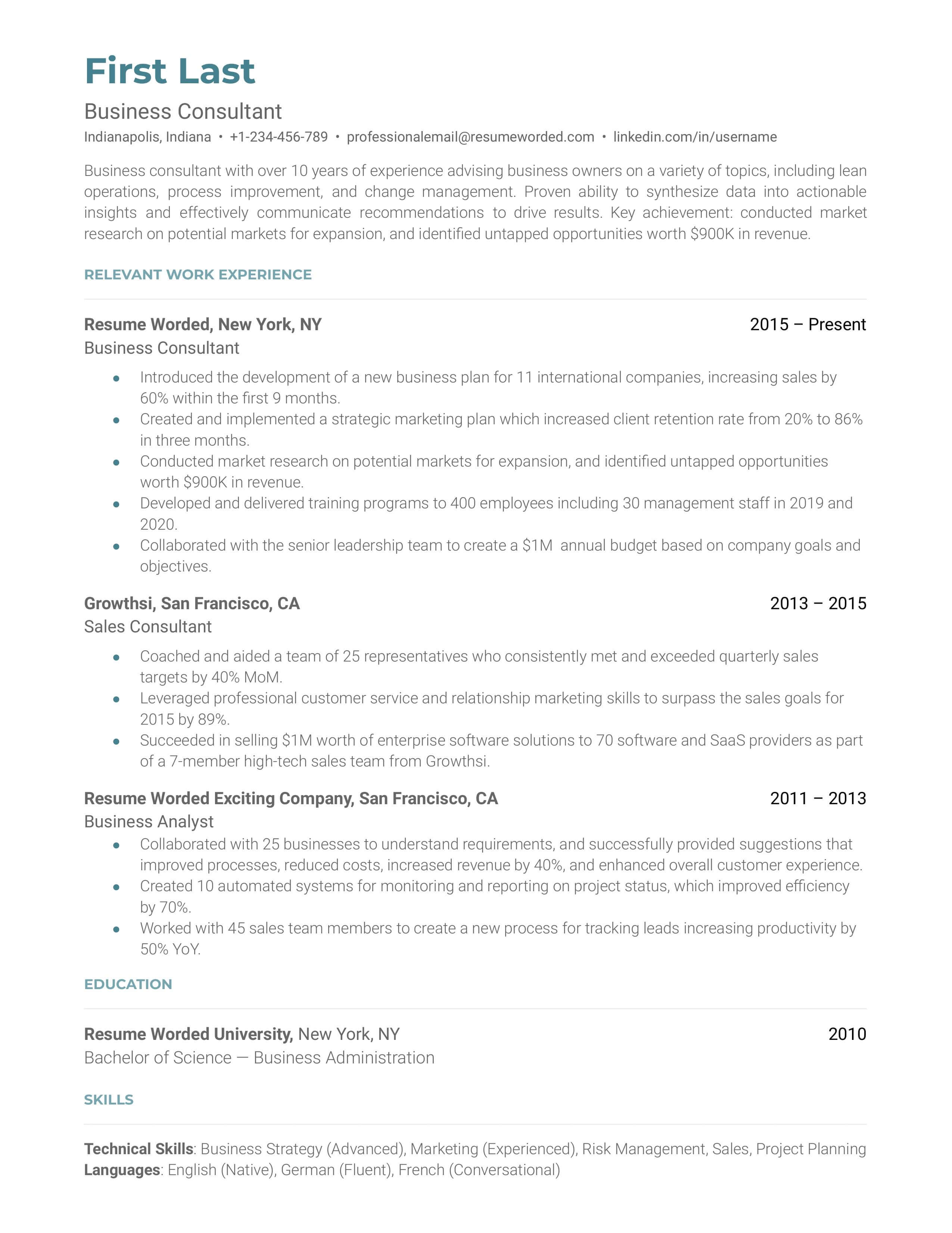 Business Consultant Resume Examples for 2025 | Resume Worded