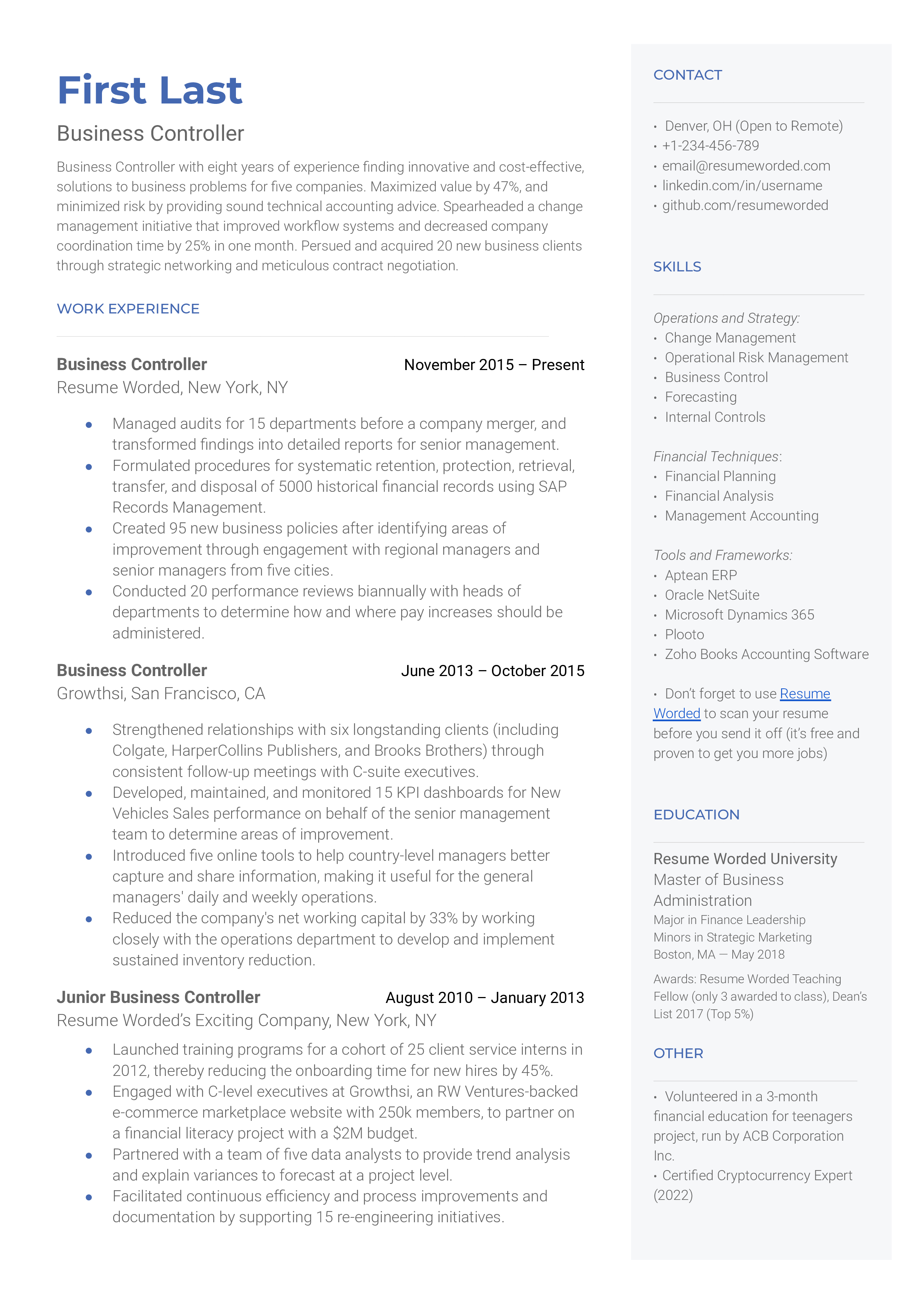 Business Controller Resume Template + Example