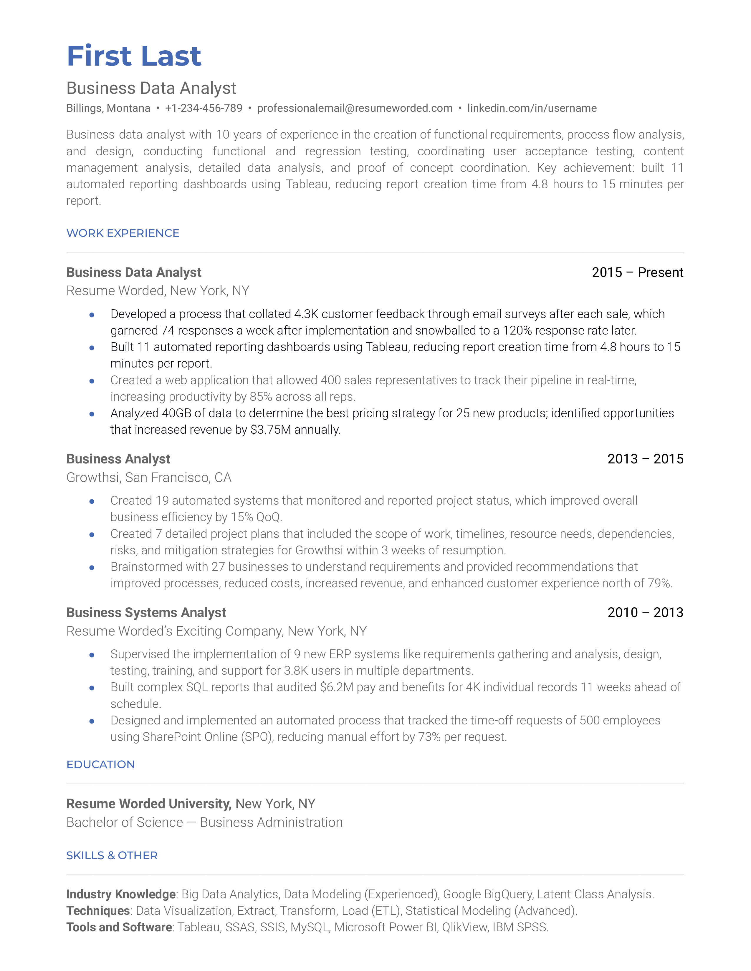 A Business Data Analyst CV highlighting analytical skills and project management experience.