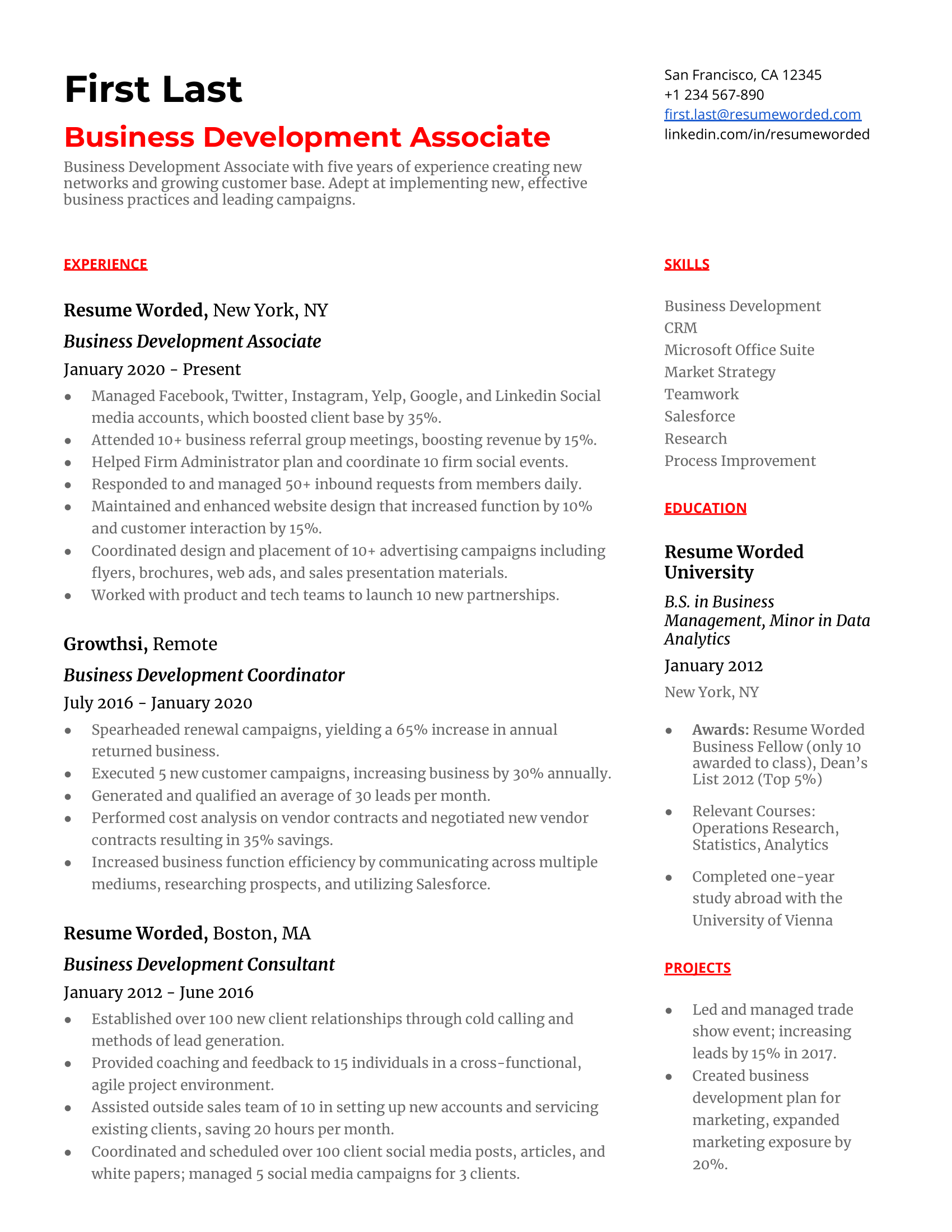 A resume for a business development associate with a degree in business management and experience as a business development coordinator.