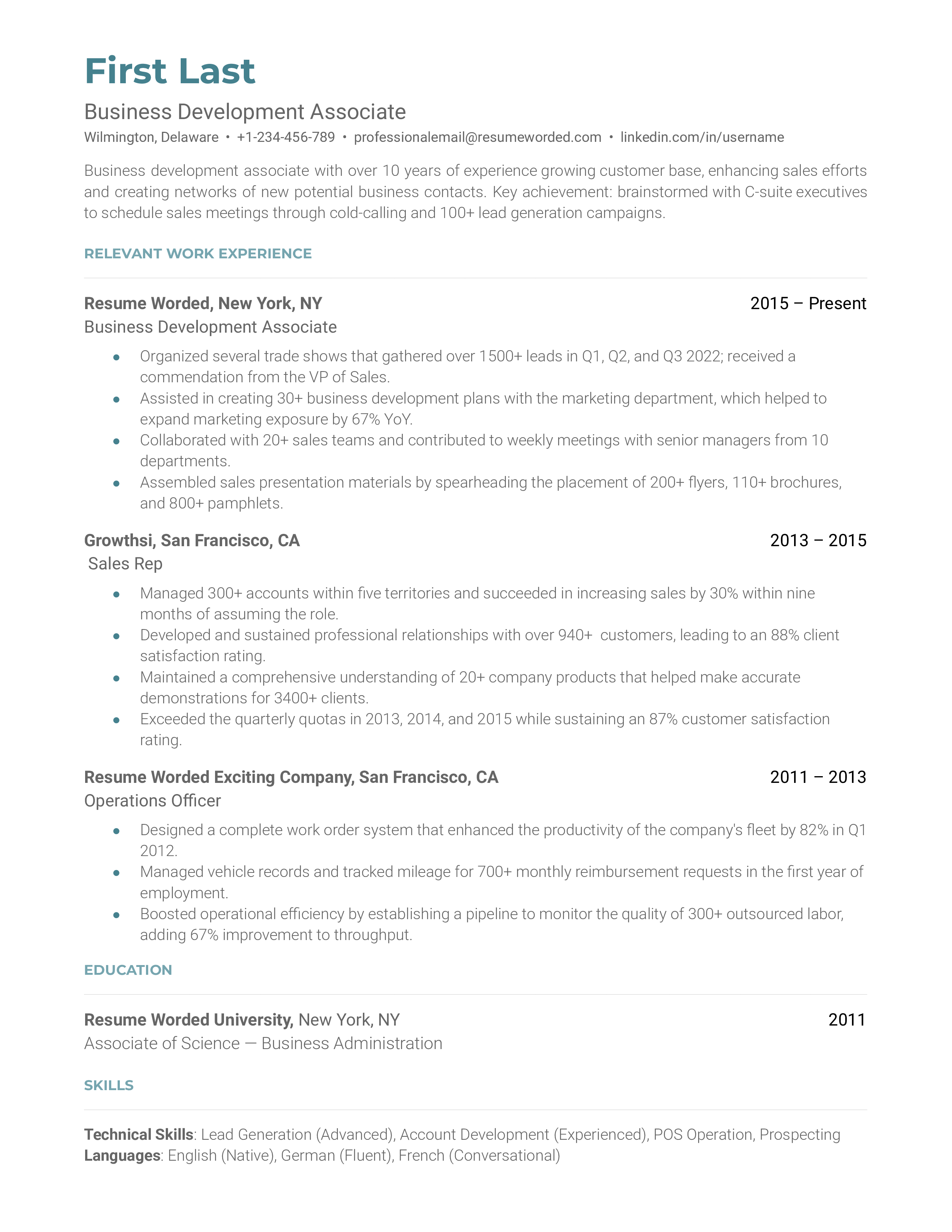 A resume for a business development associate with a degree in business management and experience as a business development coordinator.