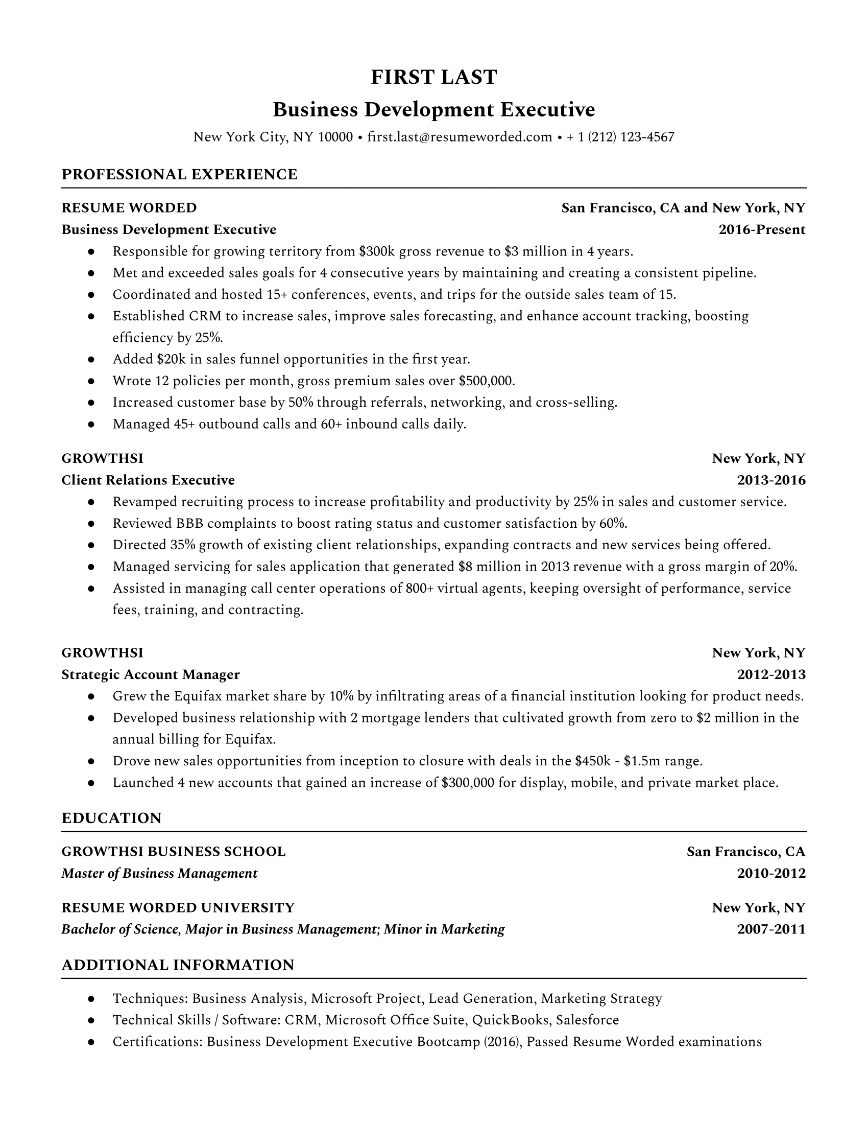 sample resume business development executive