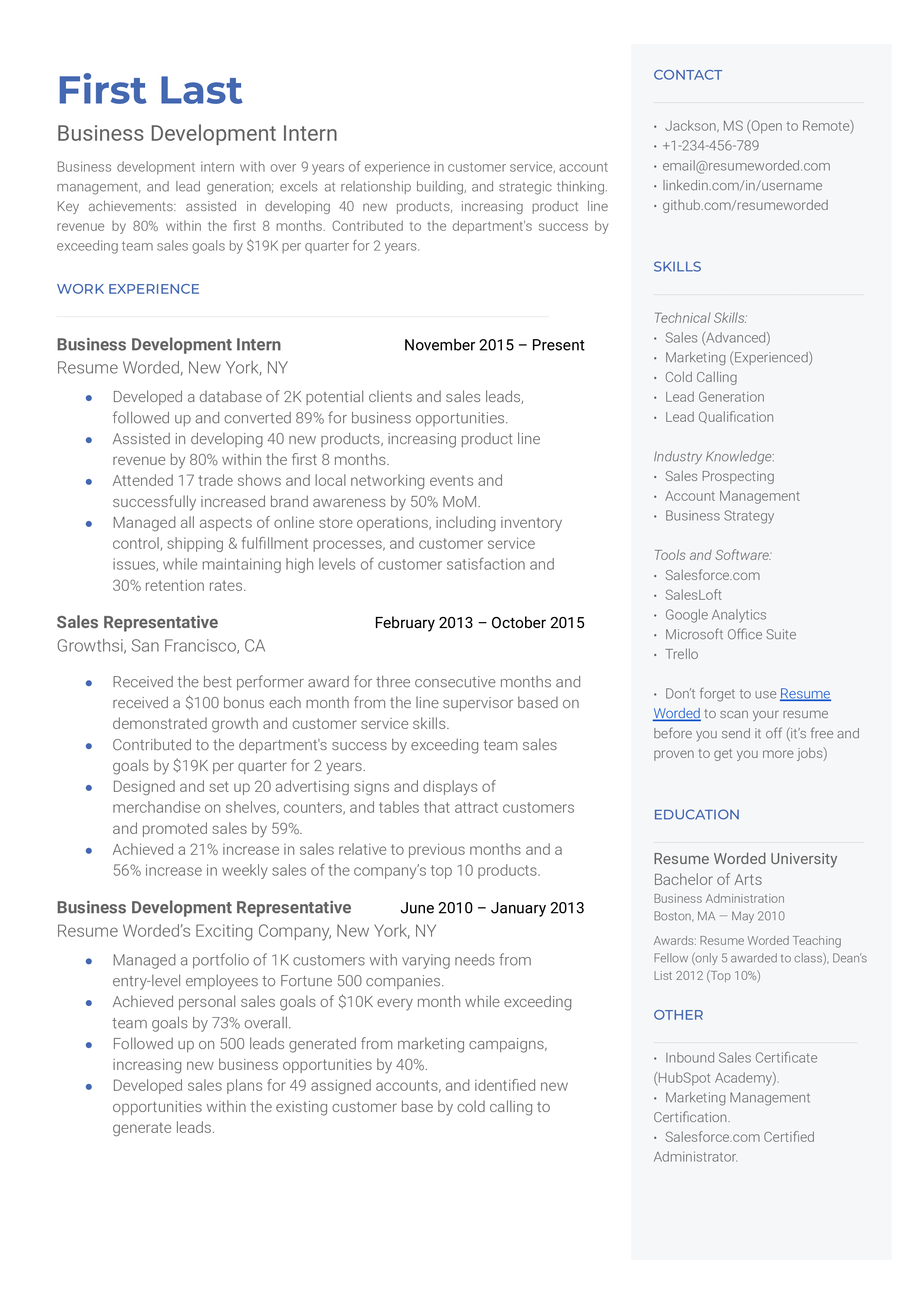 A business development intern resume sample that highlights the applicant’s relevant certifications and related experience.