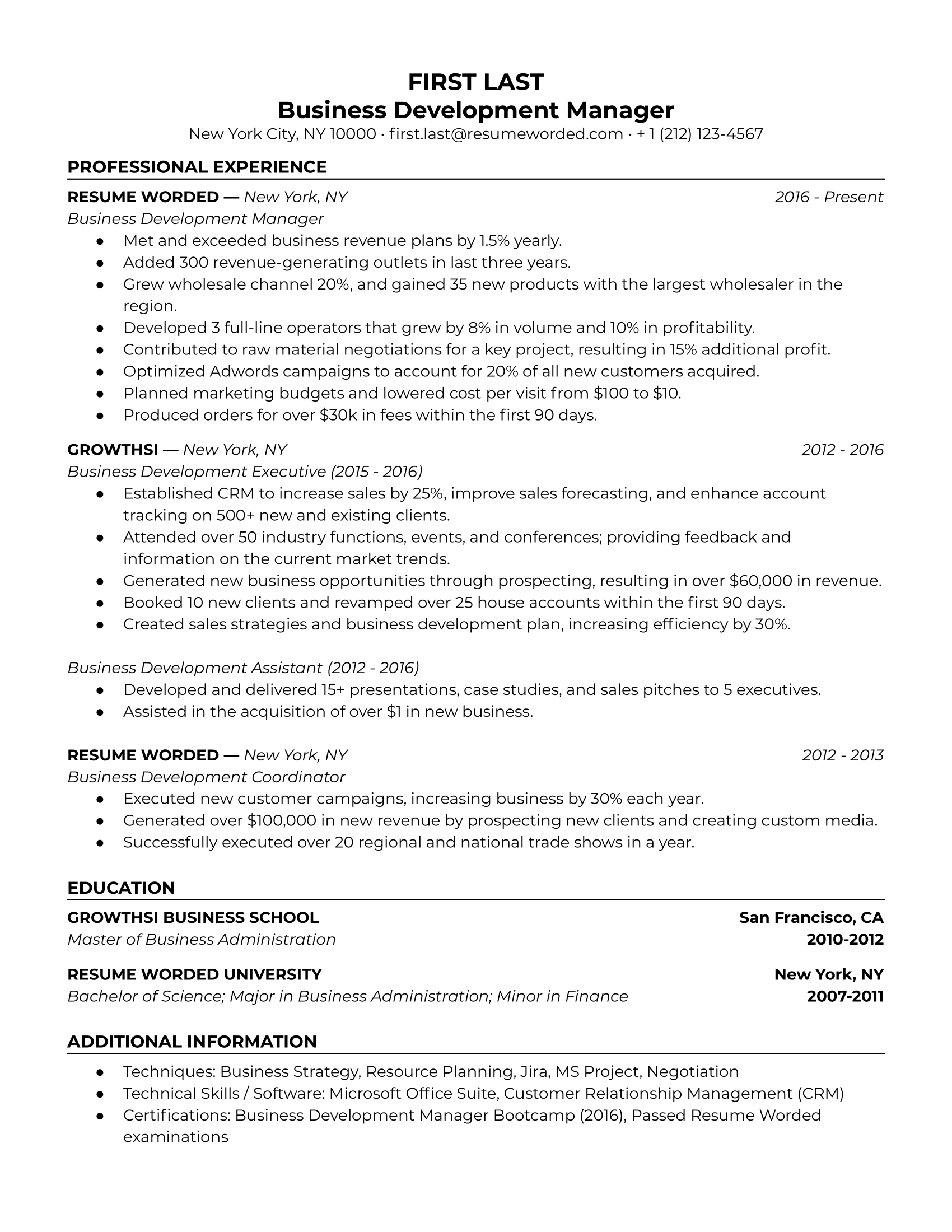 Business Development Manager Resume Template + Example