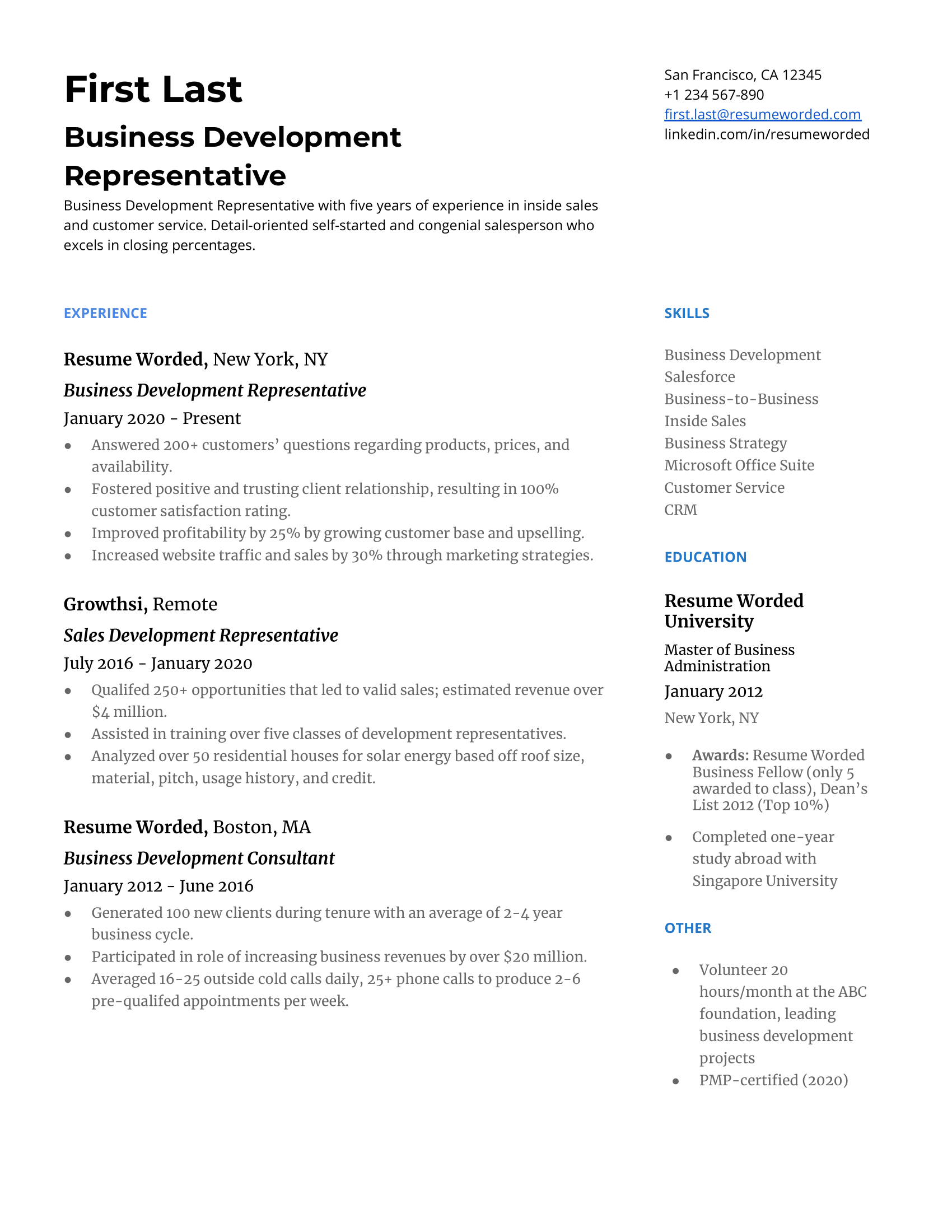 Close-up screenshot of a CV for a Business Development Representative.