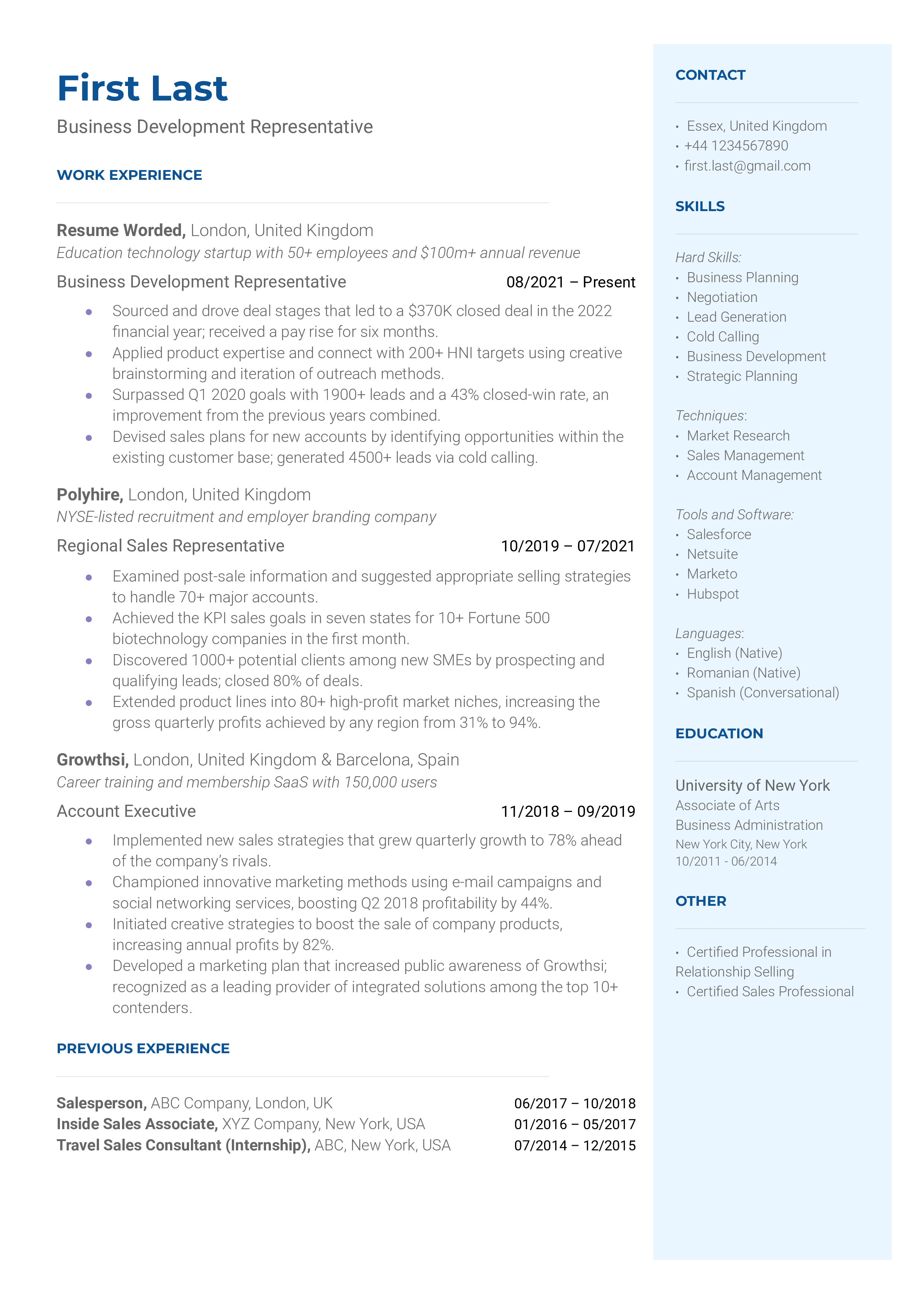 A professional CV layout focused on Business Development Representative skills and experiences.