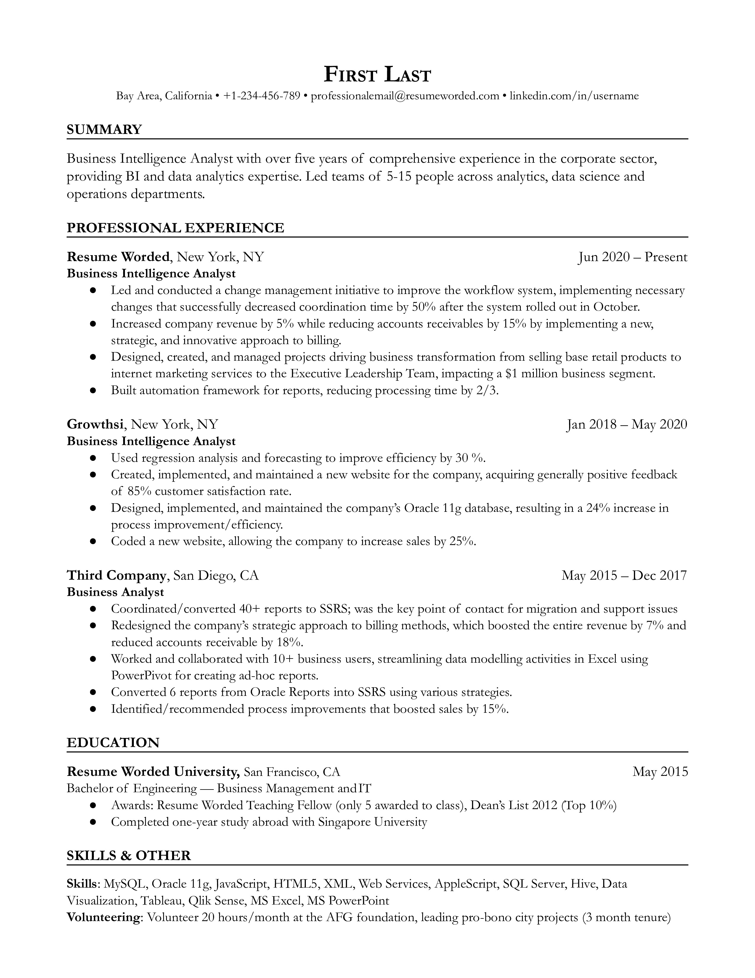 Screenshot of a Business Intelligence Analyst CV showcasing industry-specific skills and tangible outcomes of implemented strategies.