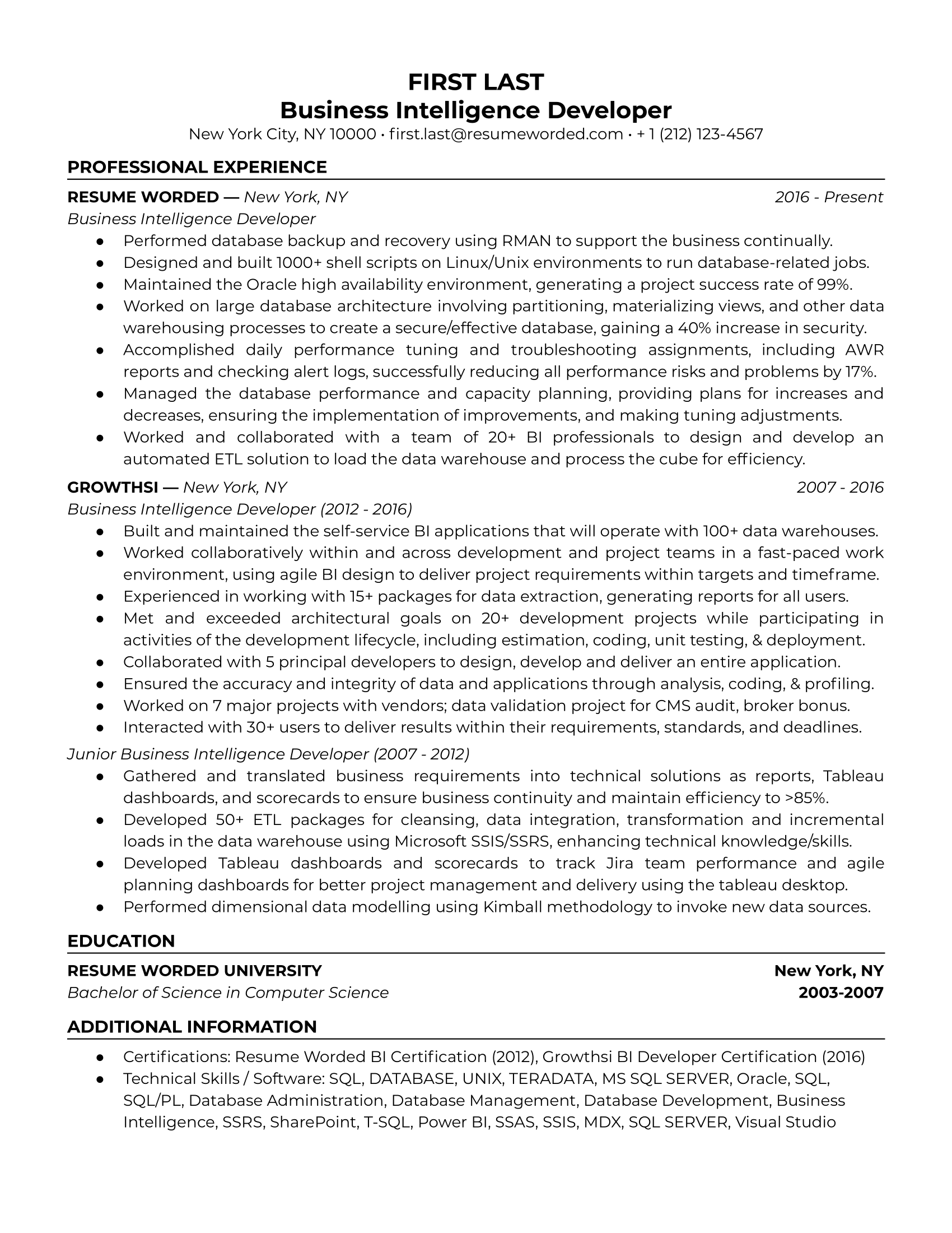 Business Intelligence Developer Resume Sample