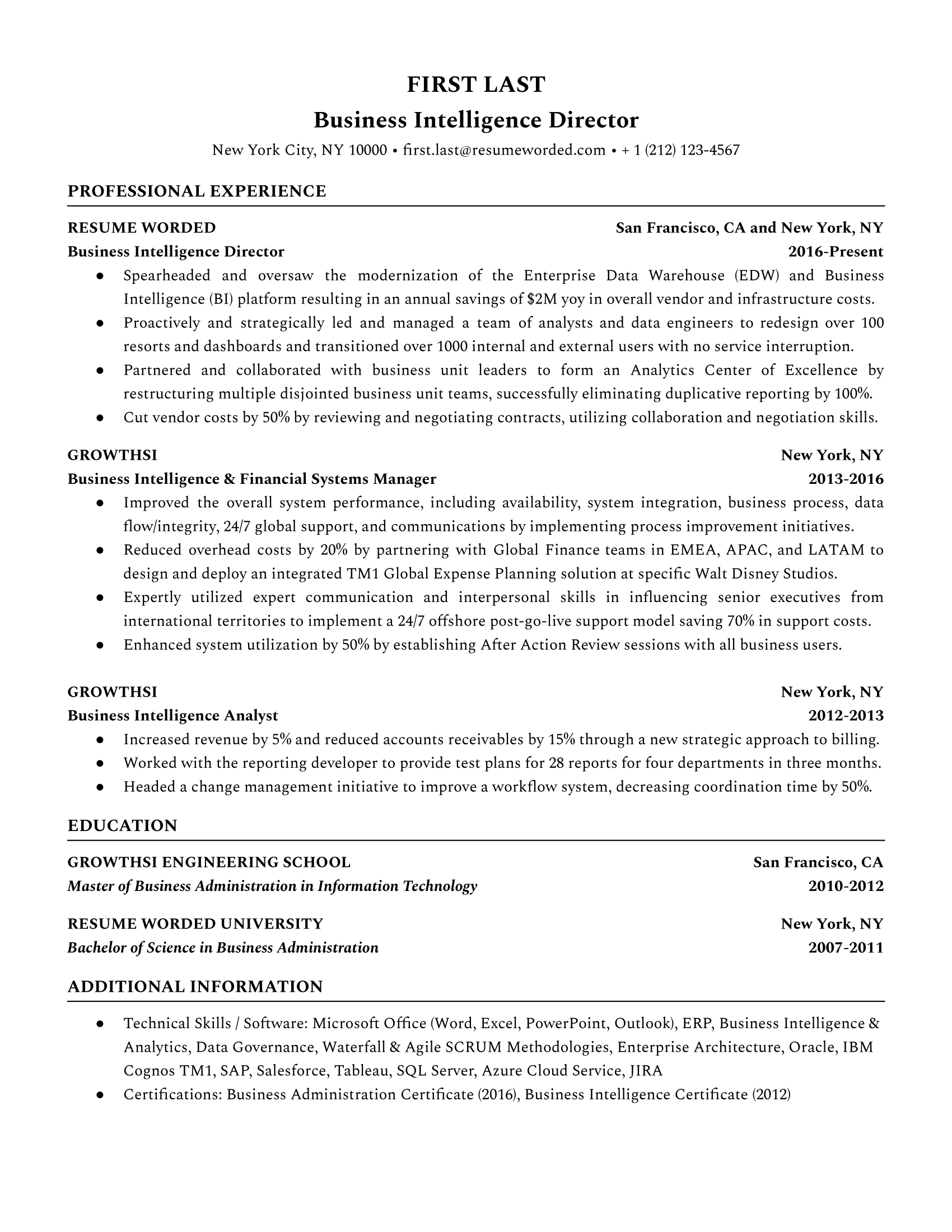 Business Intelligence Director Resume Template + Example