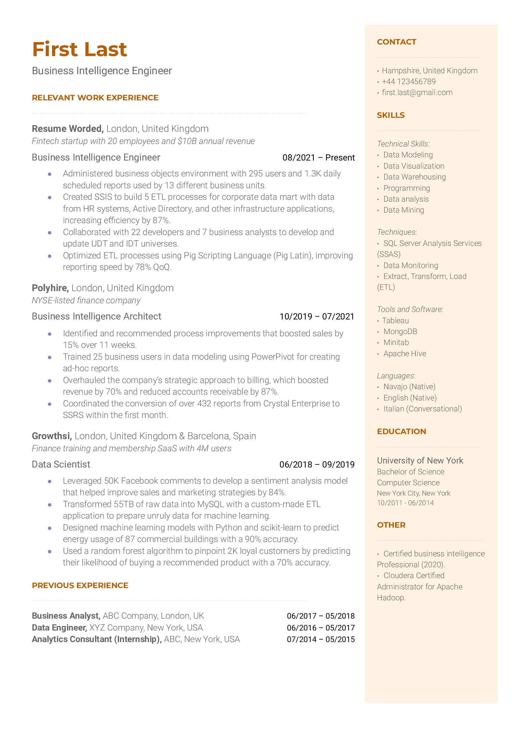 A business intelligence engineer resume with previous experience in data science and business architecture and a degree in computer science.