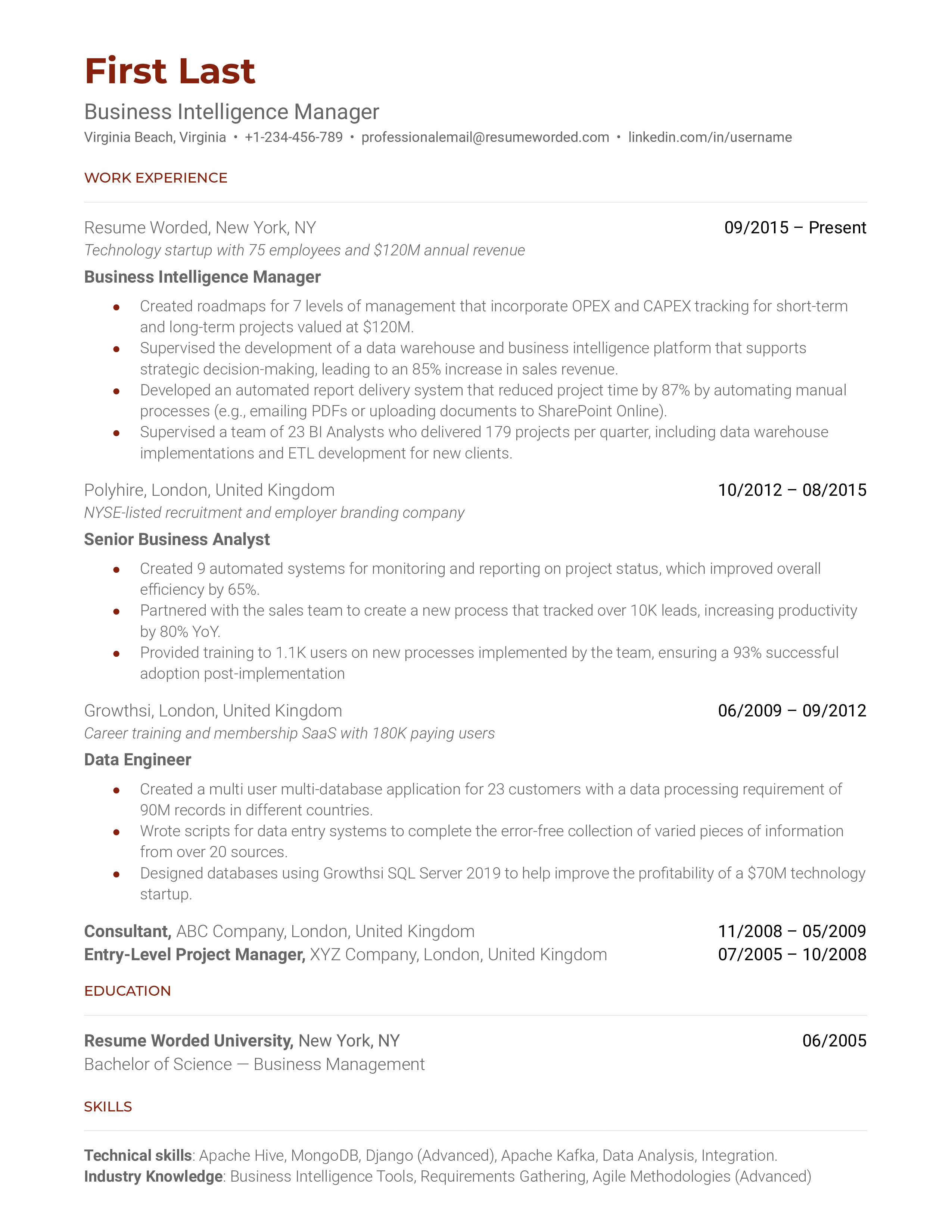 Business Intelligence Manager Resume Sample