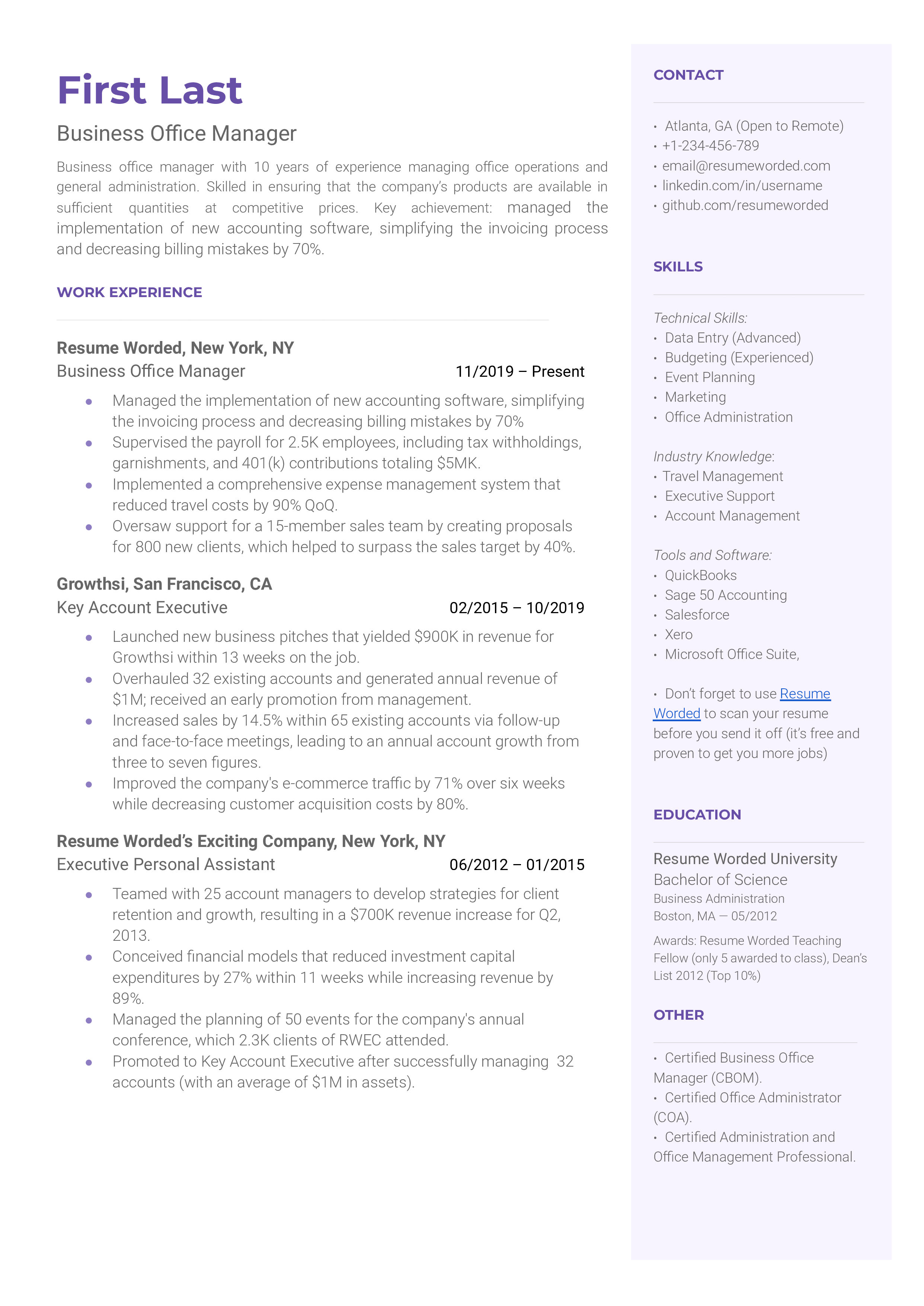 Business Office Manager Resume Sample