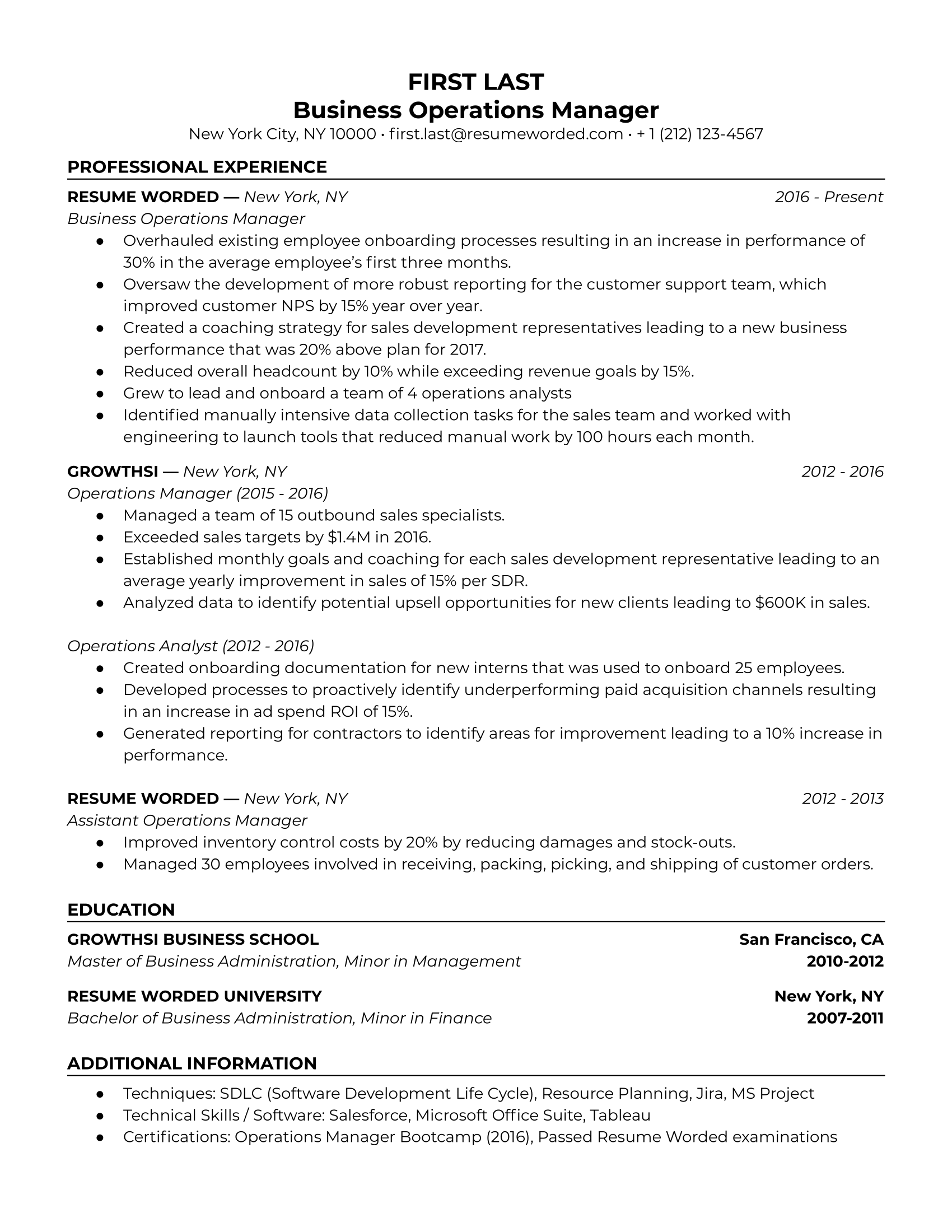 Business operations manager resume with work experience, past promotion, and management skills.