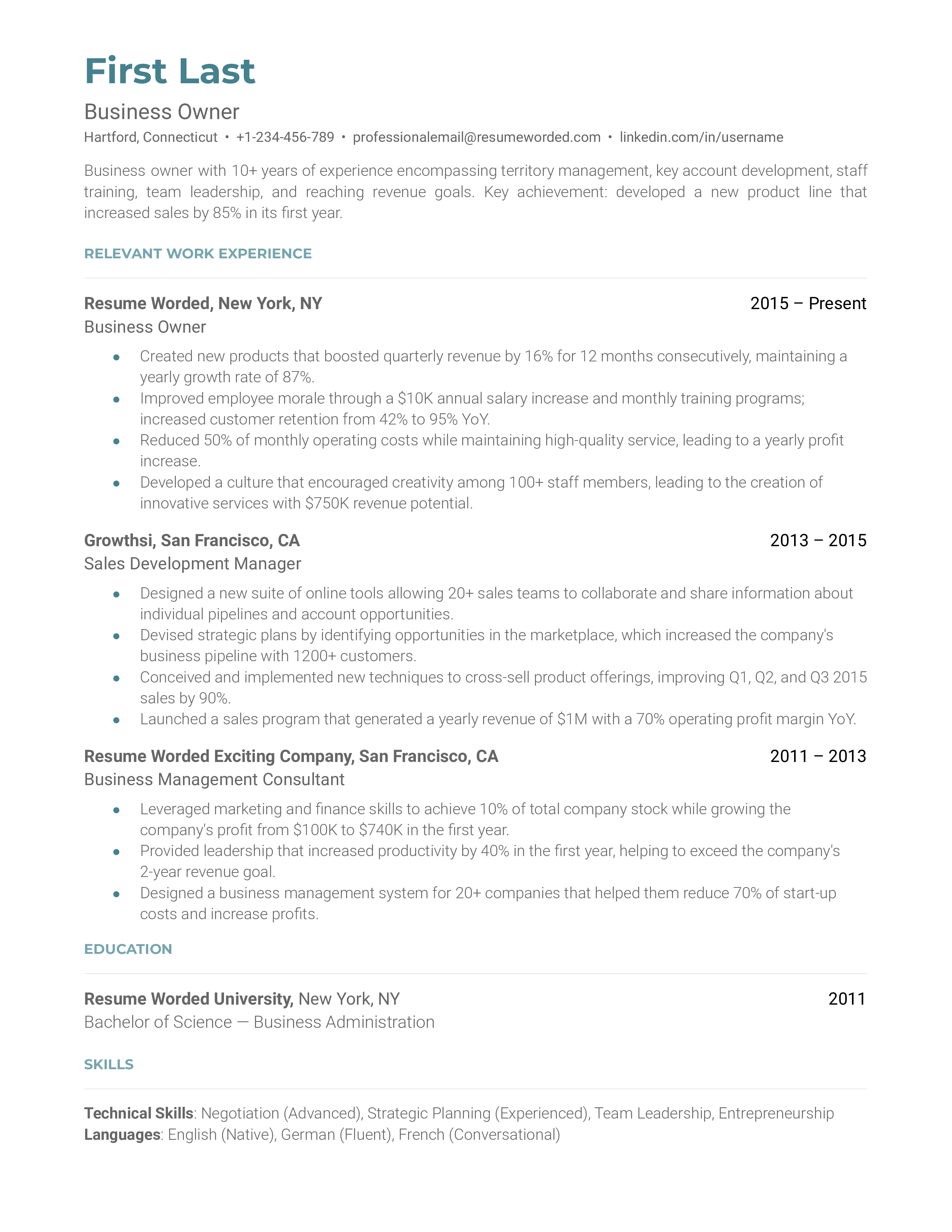 A business owner resume template including a brief description, work history, education, and skills. 