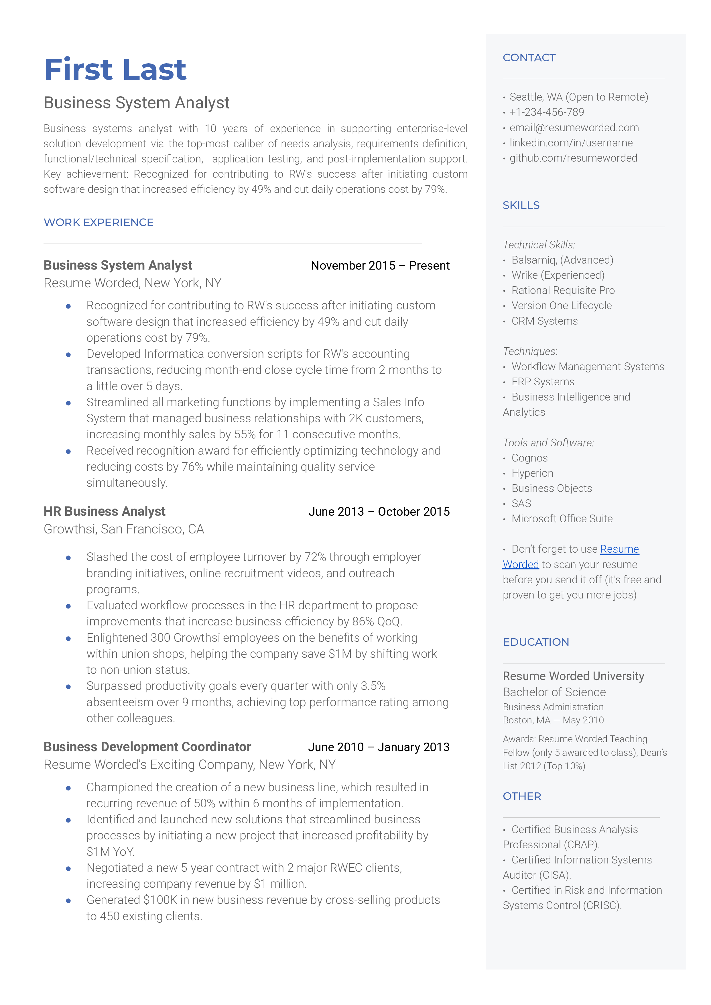 A CV example of a Business System Analyst with highlighted business acumen and technical experience.