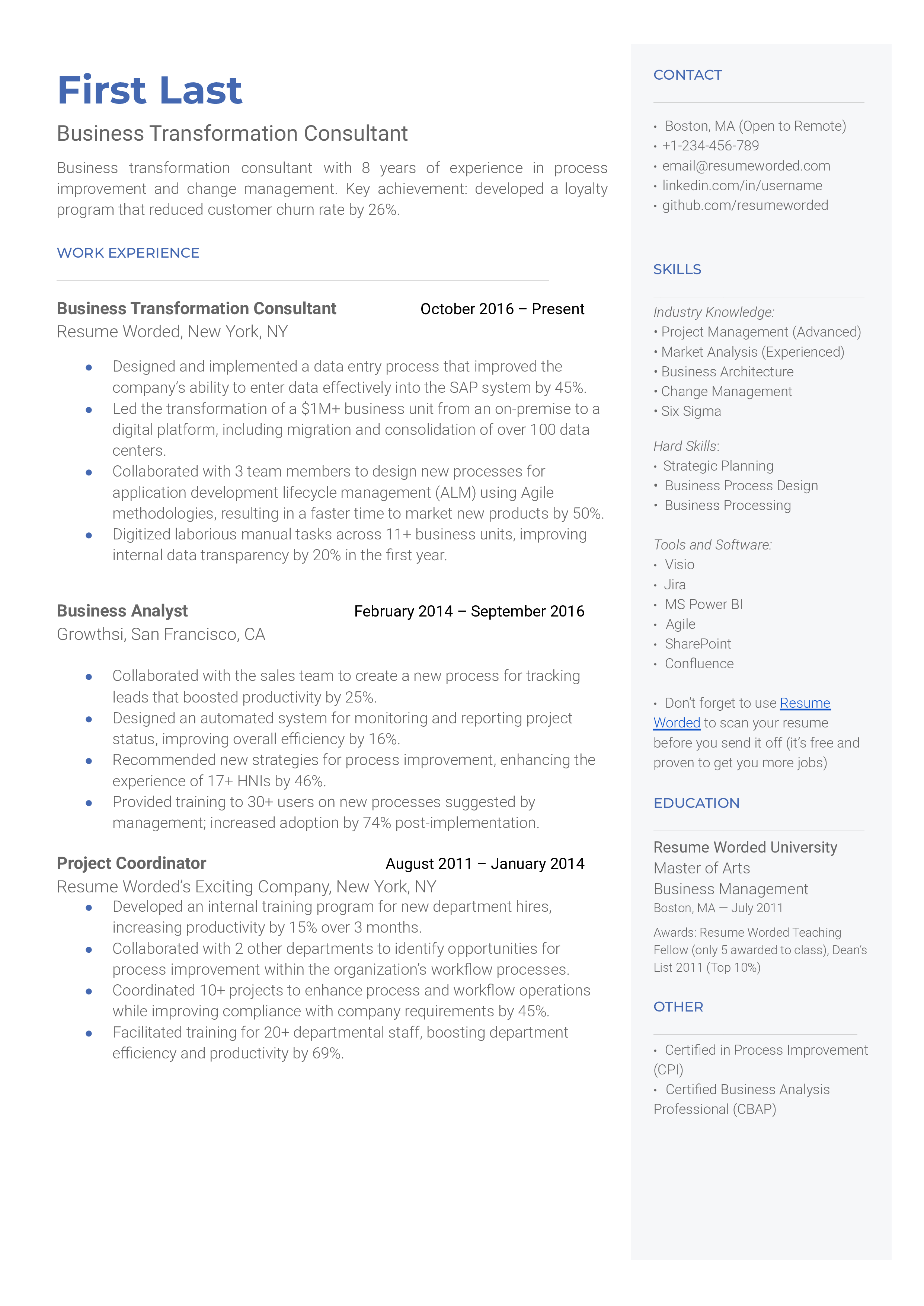 Business Transformation Consultant Resume Sample