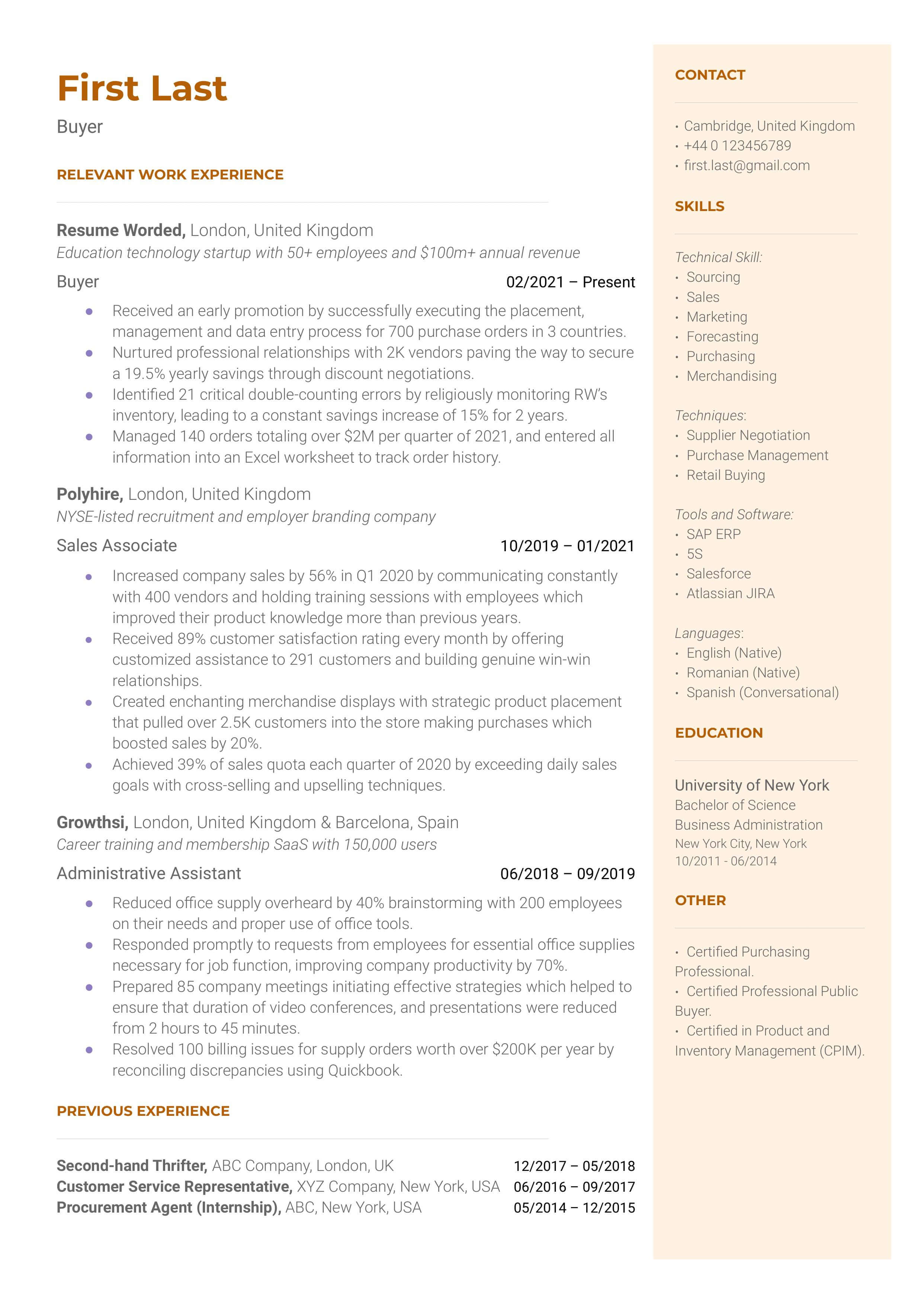 A buyer resume template that quantifies achievements with metrics