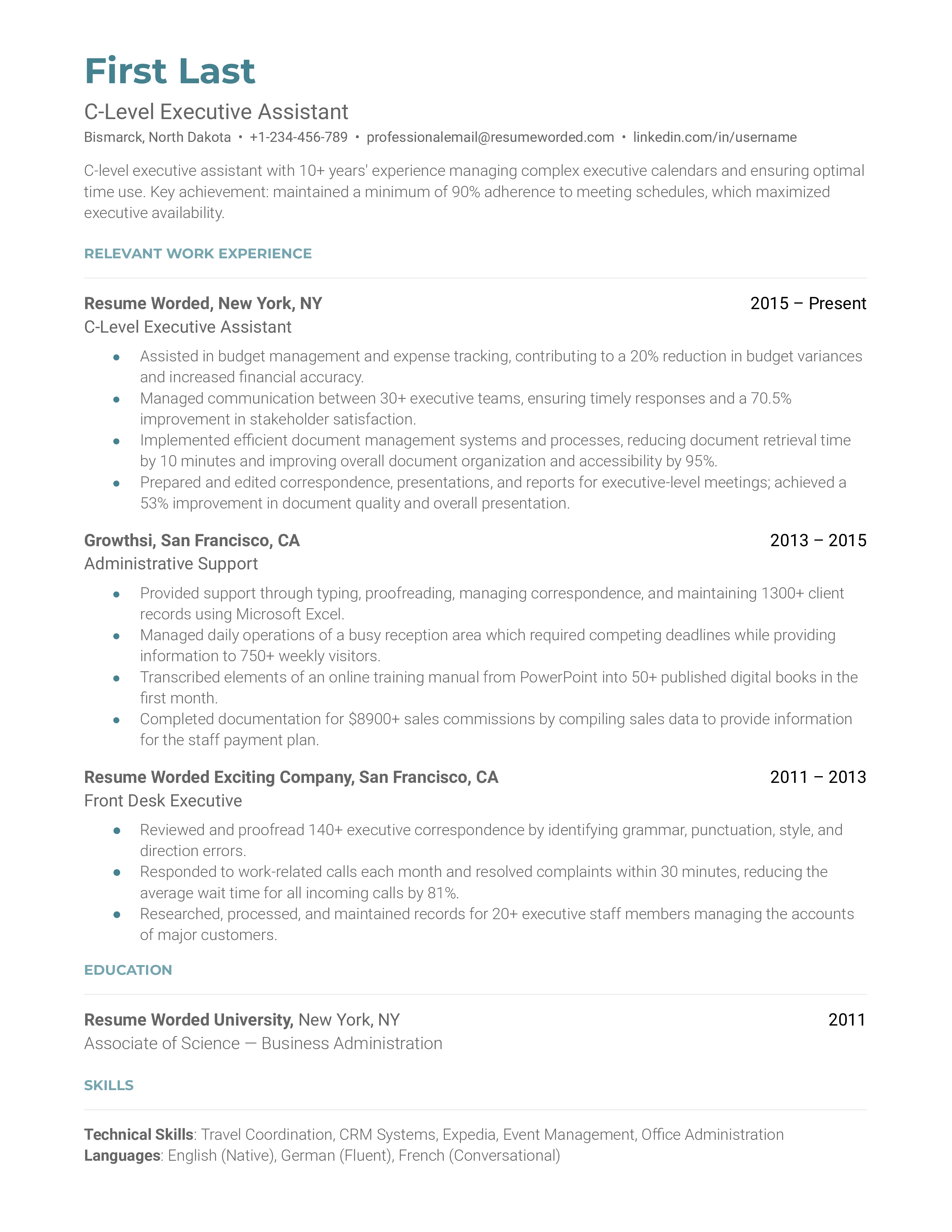 A well-structured CV showcasing software proficiency and crisis management skills for a C-Level Executive Assistant role.