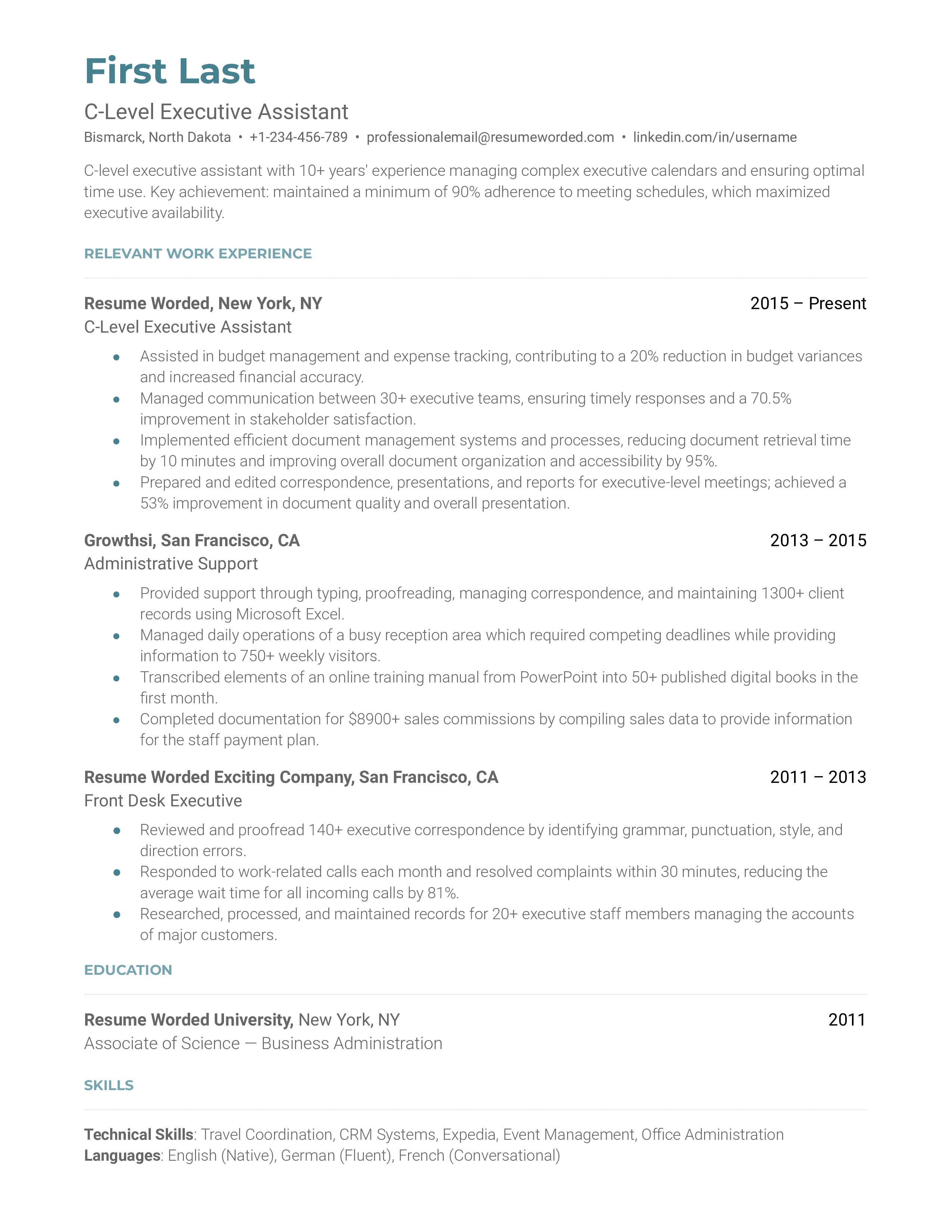 C-Level Executive Assistant resume screenshot