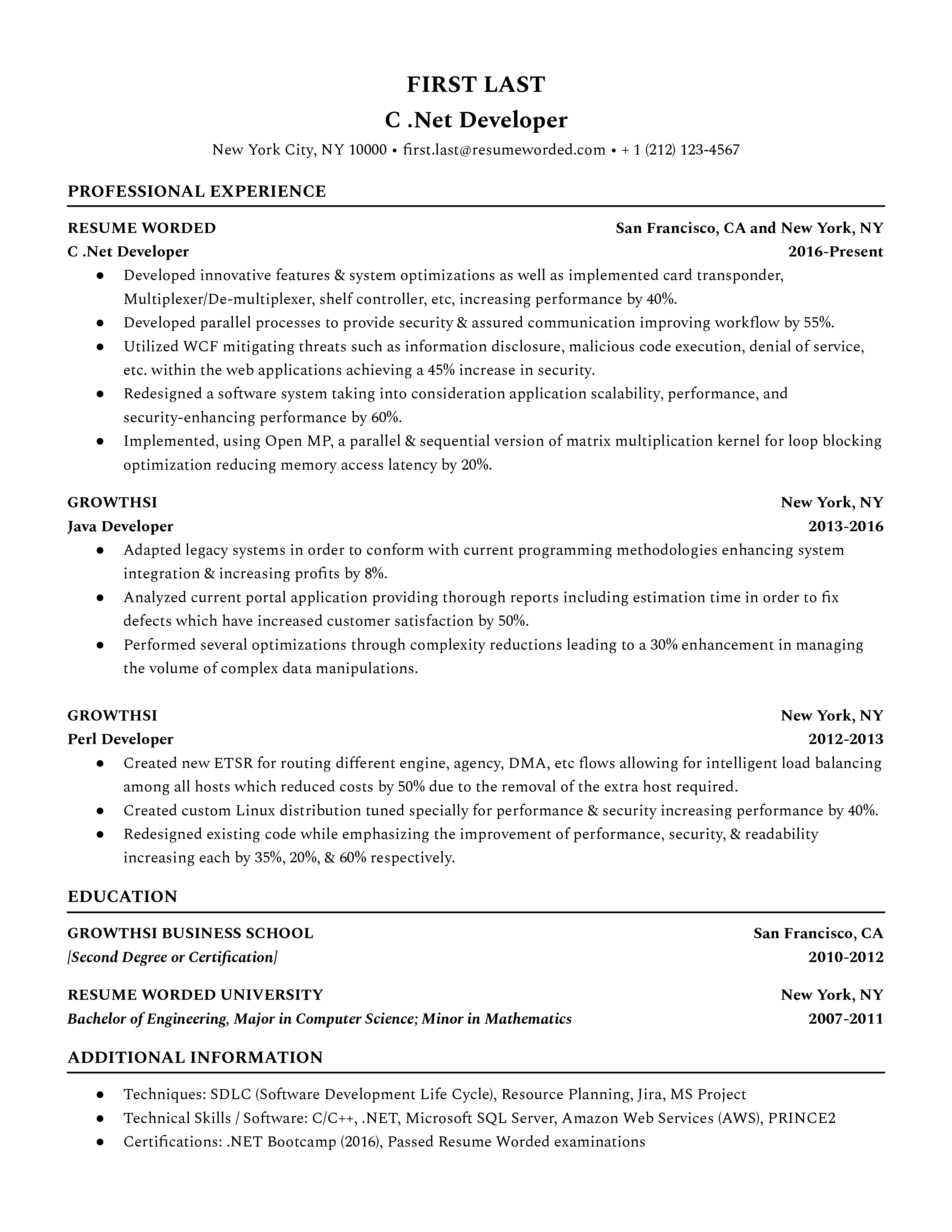 C  Net Developer resume template