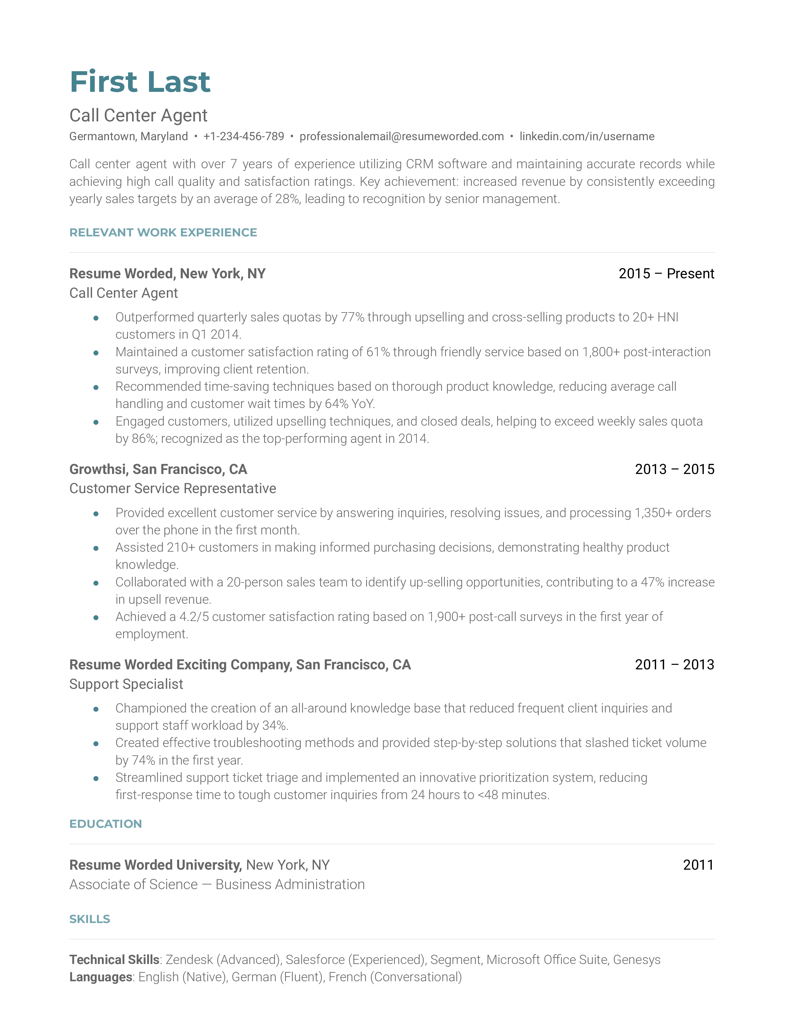 A resume screenshot for a call center agent role, showcasing proficiency in digital tools and versatility in customer interactions.
